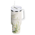 30 oz Insulated Stainless Steel Tumbler Double Wall Stainless Steel Tumbler with 2-Way Drinking Dragonflies with White Daisies - GDM9