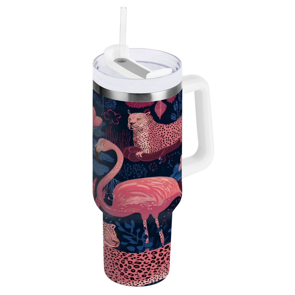 30 oz Insulated Stainless Steel Tumbler Double Wall Stainless Steel Tumbler with 2-Way Drinking Flamingos and Leopard Print - 41BW