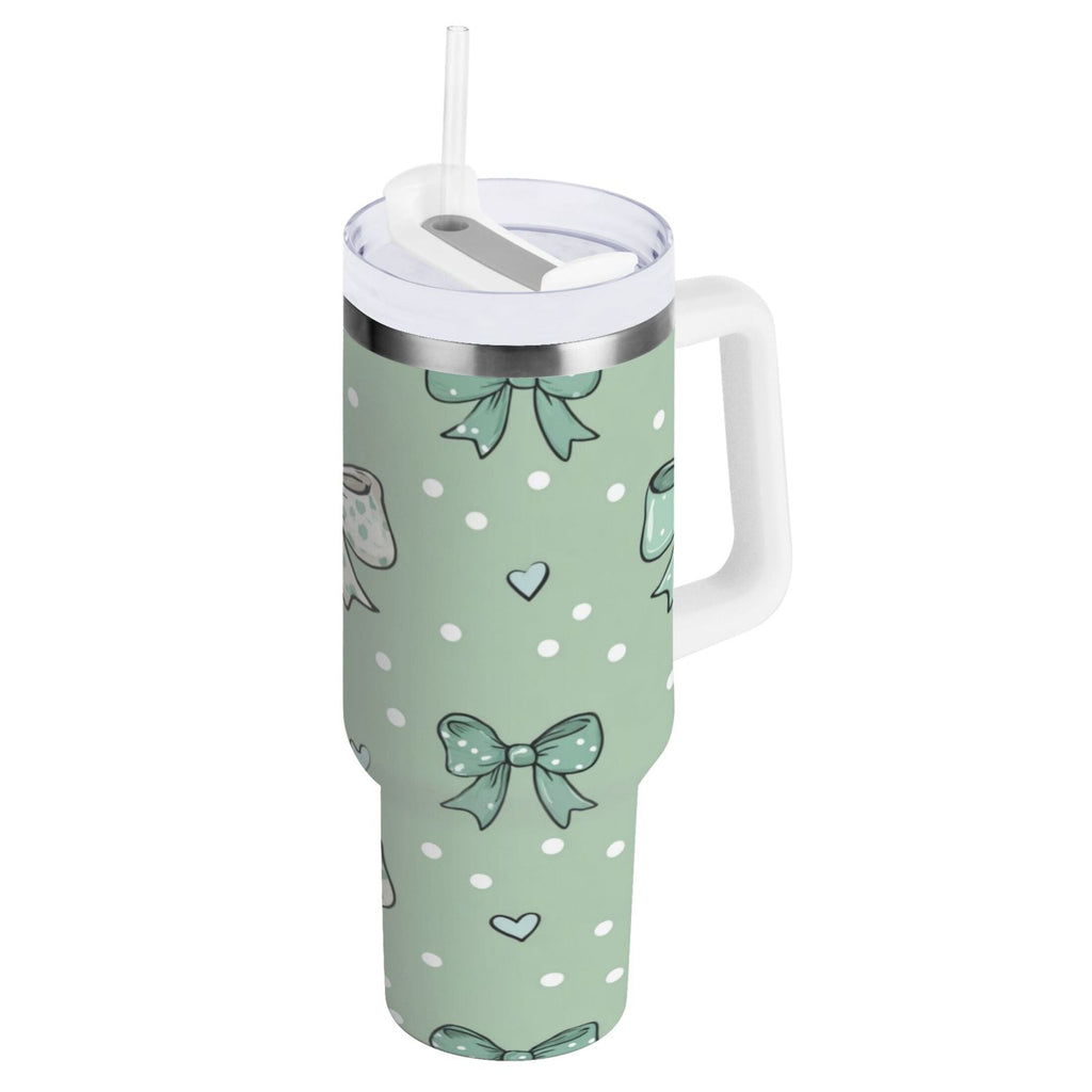 30 oz Insulated Stainless Steel Tumbler Double Wall Stainless Steel Tumbler with 2-Way Drinking Green and Mint Bows - 8F8C