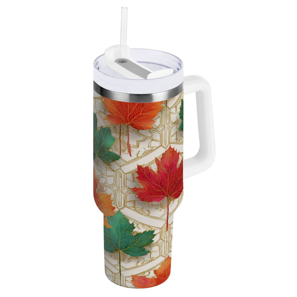30 oz Insulated Stainless Steel Tumbler Double Wall Stainless Steel Tumbler with 2-Way Drinking Green and Red Maple Leaves - X4NS