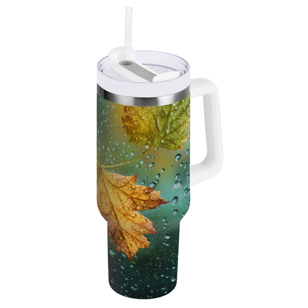 30 oz Insulated Stainless Steel Tumbler Double Wall Stainless Steel Tumbler with 2-Way Drinking Leaves with Water Droplets - 7056