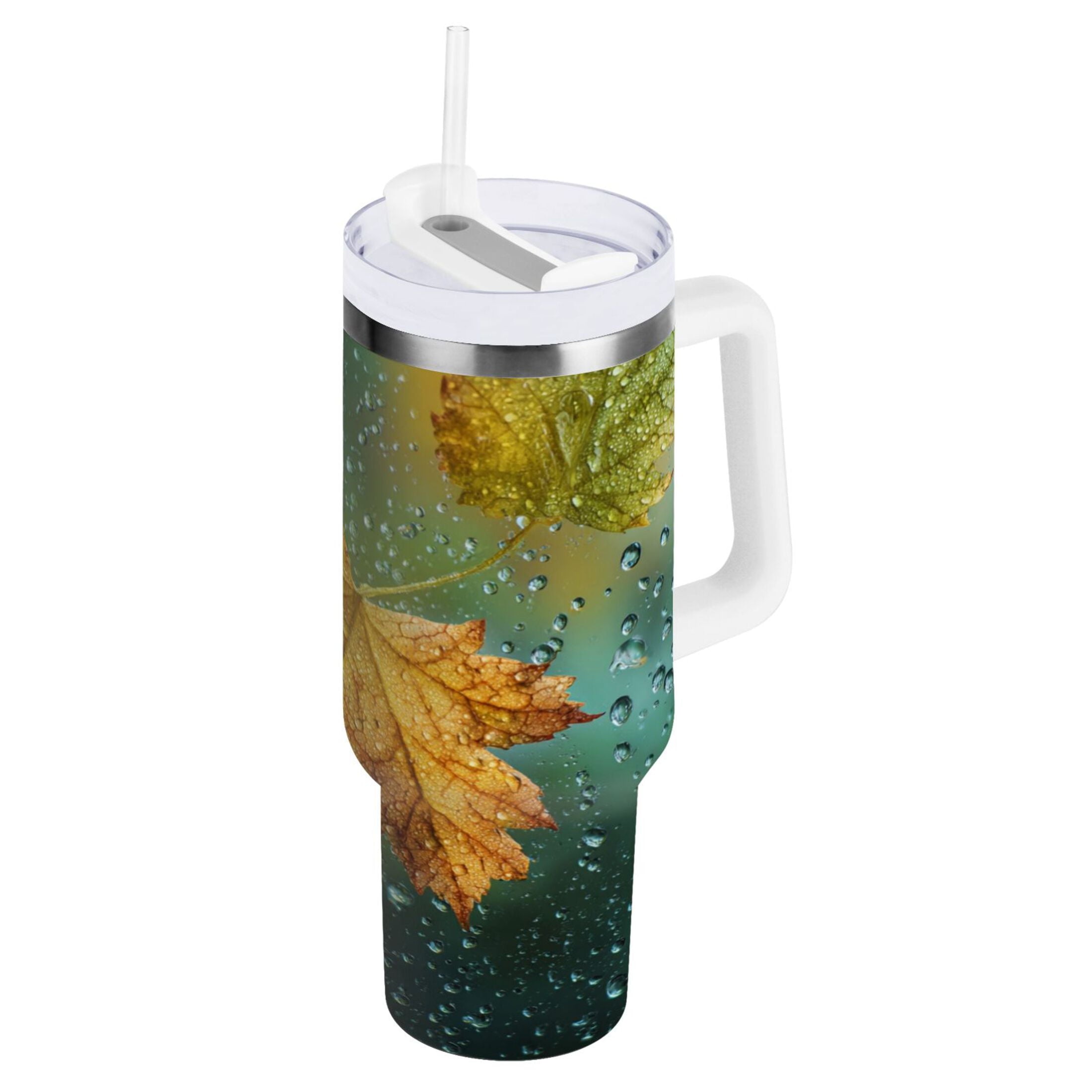 30 oz Insulated Stainless Steel Tumbler Double Wall Stainless Steel Tumbler with 2-Way Drinking Leaves with Water Droplets - 7056