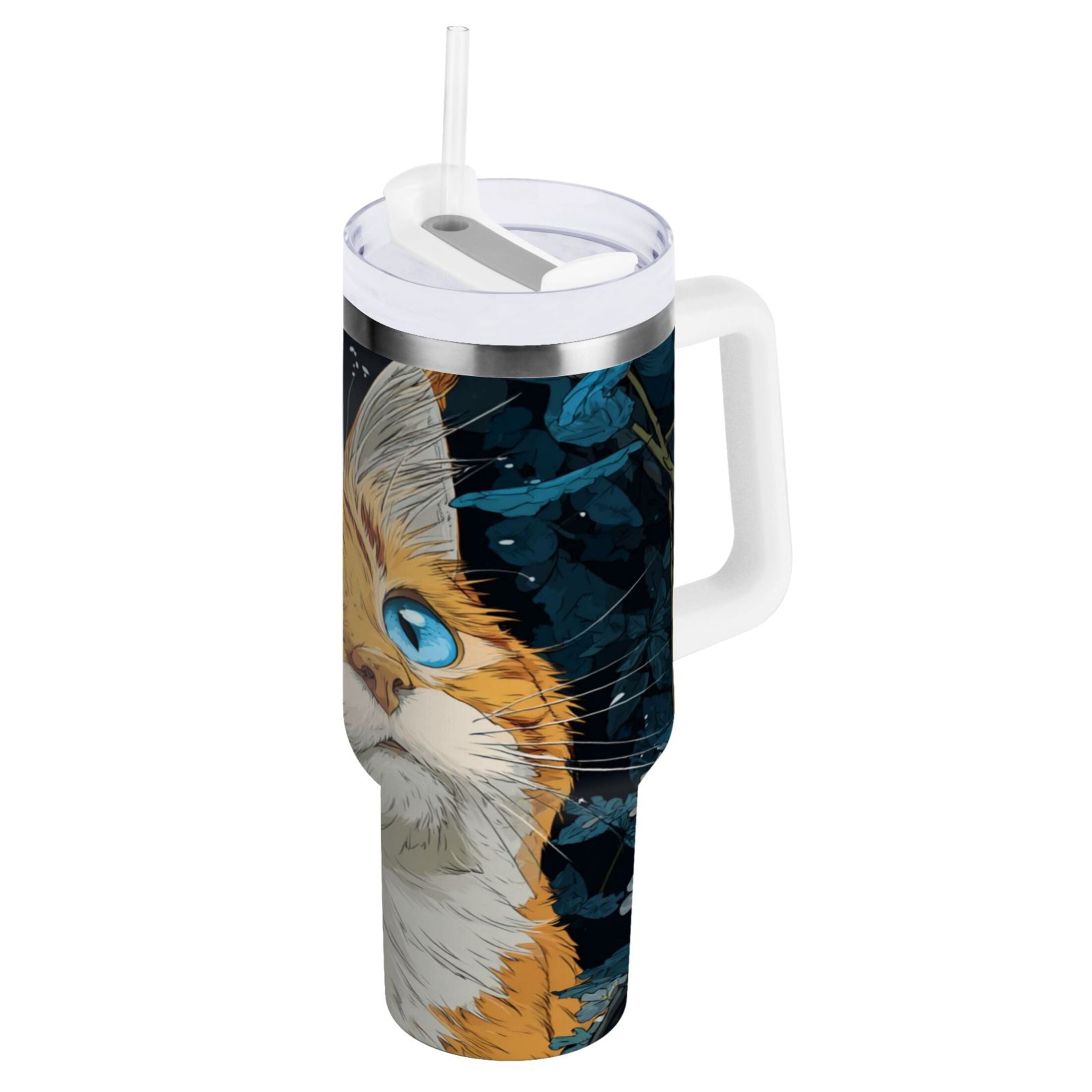 30 oz Insulated Stainless Steel Tumbler Double Wall Stainless Steel Tumbler with 2-Way Drinking Orange Cat with Blue Eyes - P494