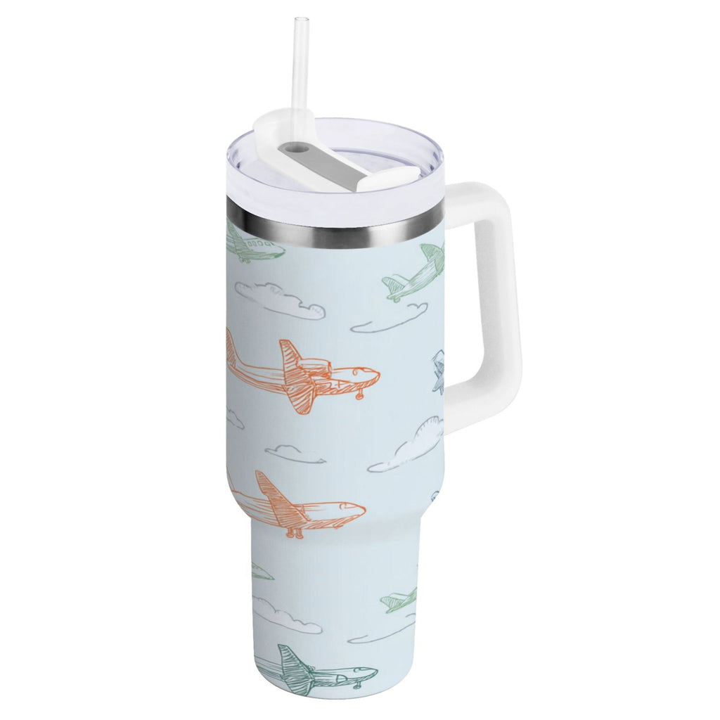 30 oz Insulated Stainless Steel Tumbler Double Wall Stainless Steel Tumbler with 2-Way Drinking Pastel Doodle Airplanes - BTKD