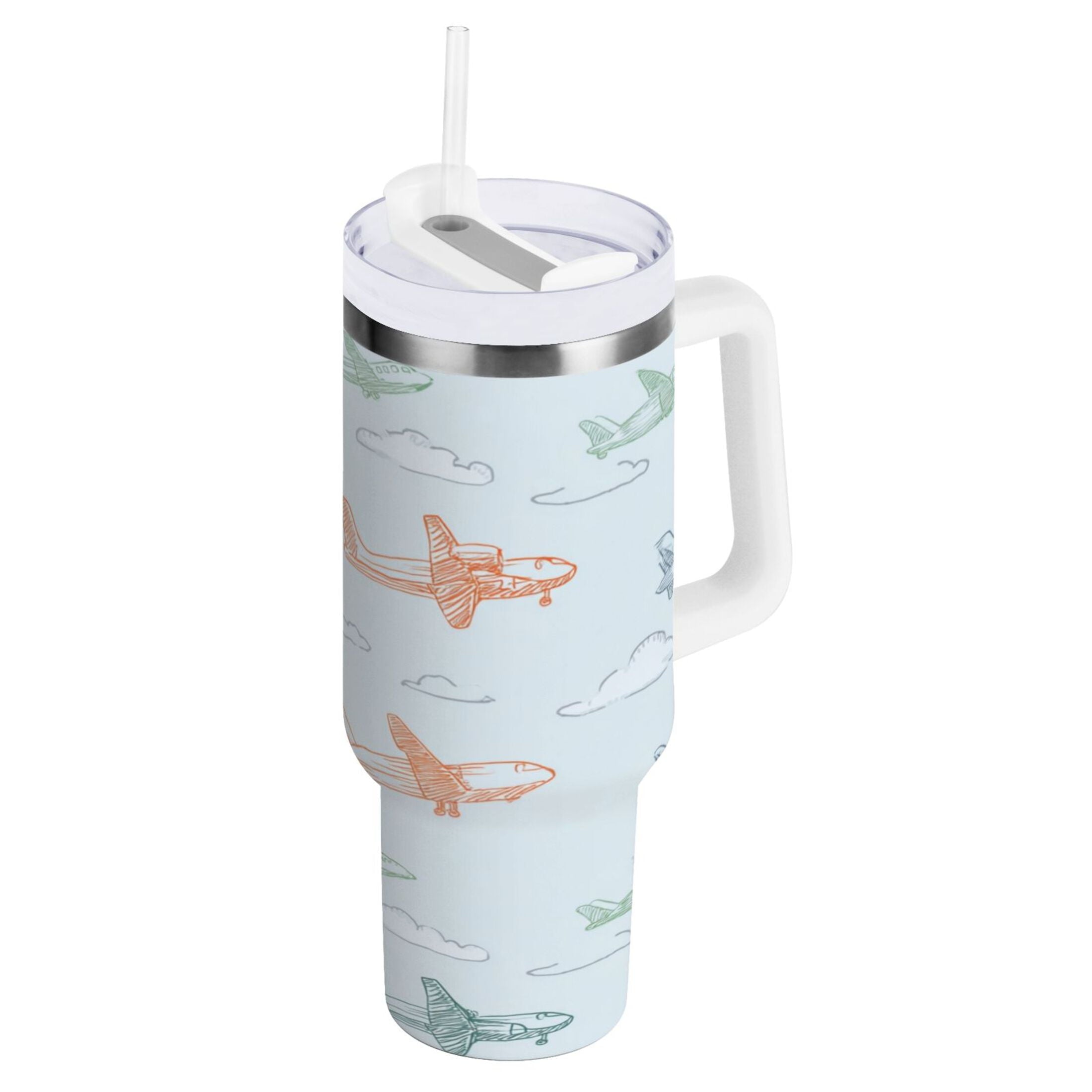 30 oz Insulated Stainless Steel Tumbler Double Wall Stainless Steel Tumbler with 2-Way Drinking Pastel Doodle Airplanes - BTKD