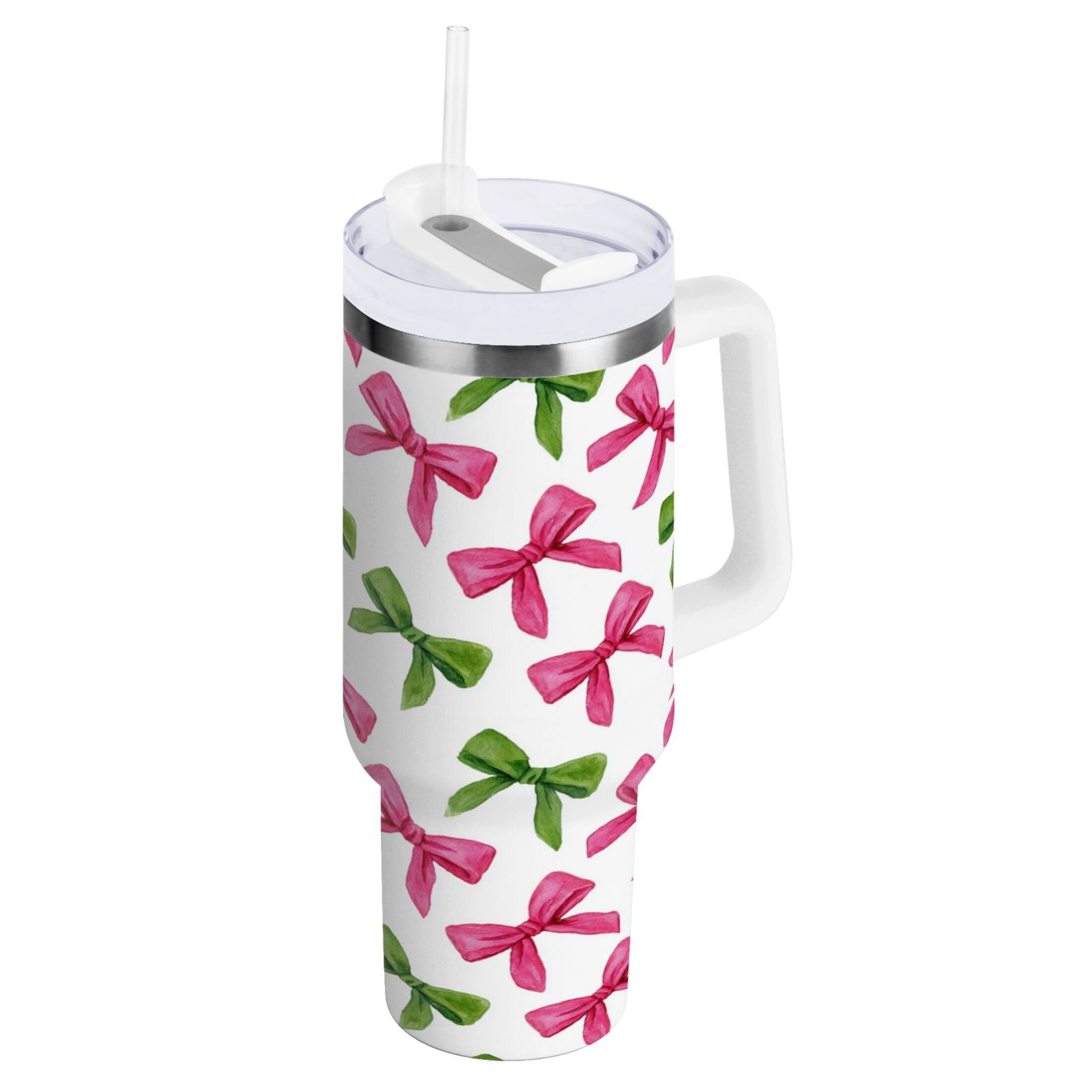30 oz Insulated Stainless Steel Tumbler Double Wall Stainless Steel Tumbler with 2-Way Drinking Pink Bows and Green Ribbons - 2V9P