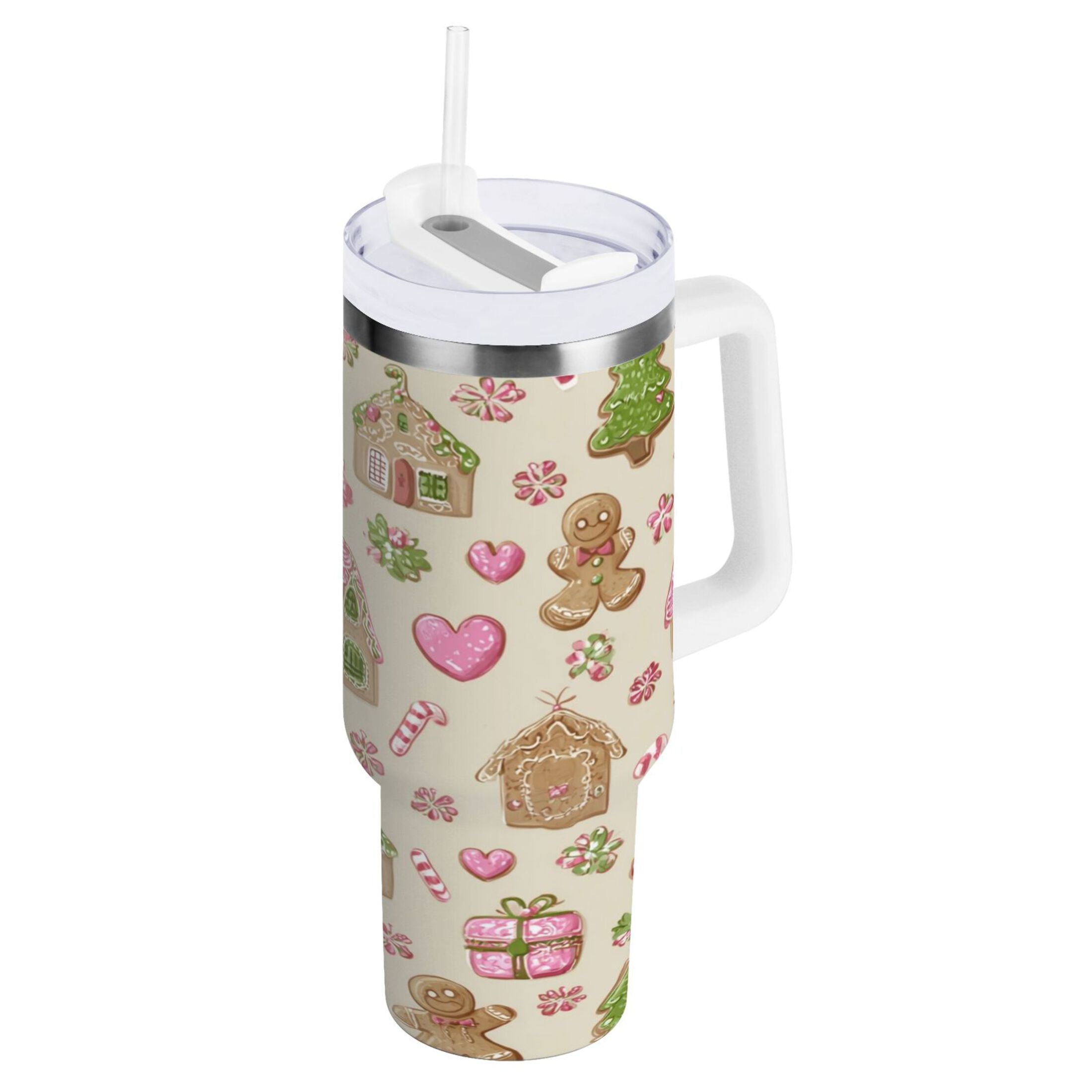 40 oz Insulated Stainless Steel Tumbler Double Wall Stainless Steel Tumbler with 2-Way Drinking Pink Cute Christmas Pattern - QX37