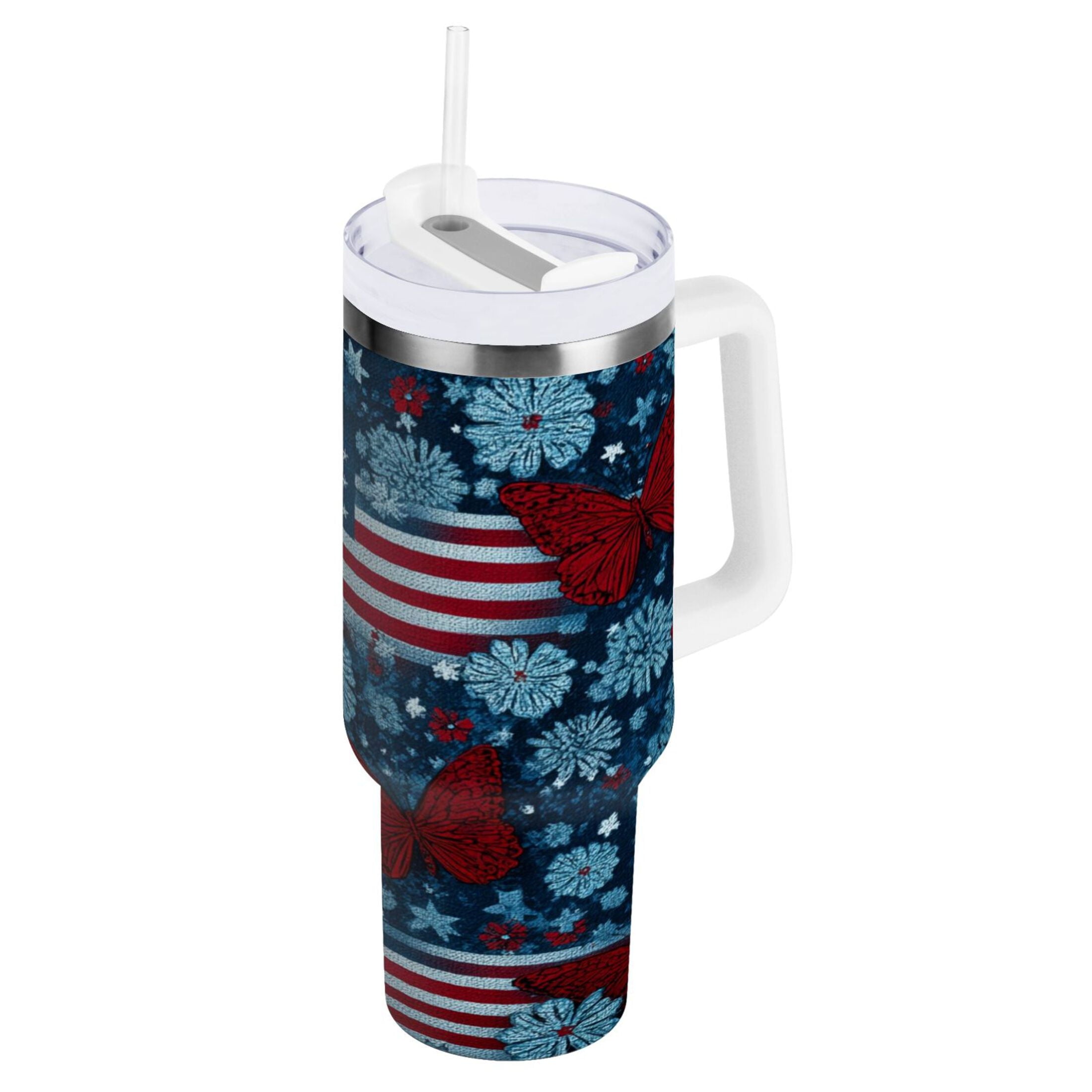 30 oz Insulated Stainless Steel Tumbler Double Wall Stainless Steel Tumbler with 2-Way Drinking Red Butterflies and Flags - P0DF
