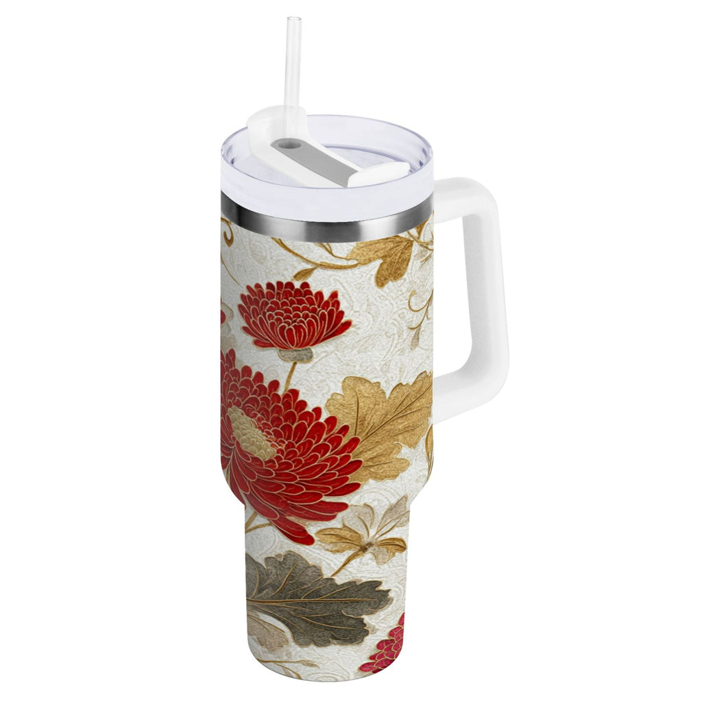 30 oz Insulated Stainless Steel Tumbler Double Wall Stainless Steel Tumbler with 2-Way Drinking Red Chrysanthemum Pattern - BLDC