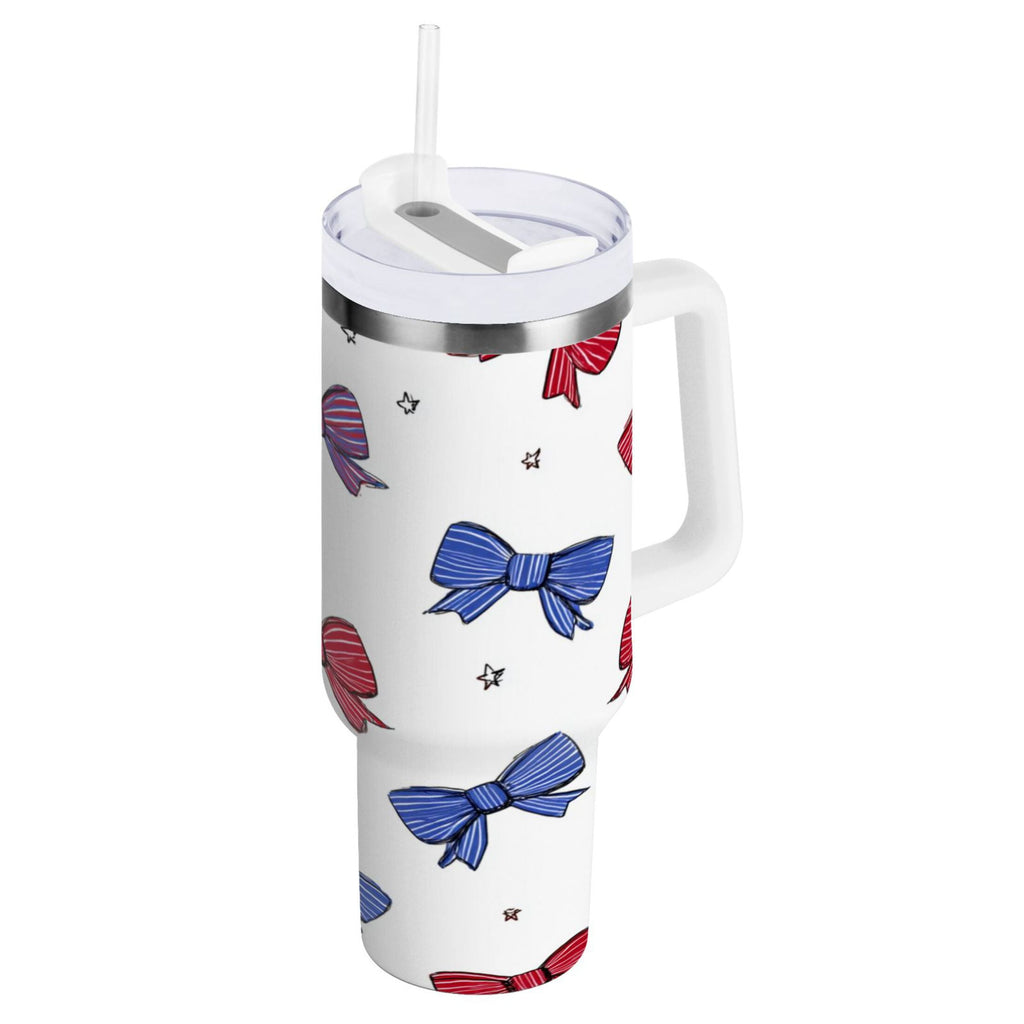 30 oz Insulated Stainless Steel Tumbler Double Wall Stainless Steel Tumbler with 2-Way Drinking Red and Blue Stripe Bows - 1GWC