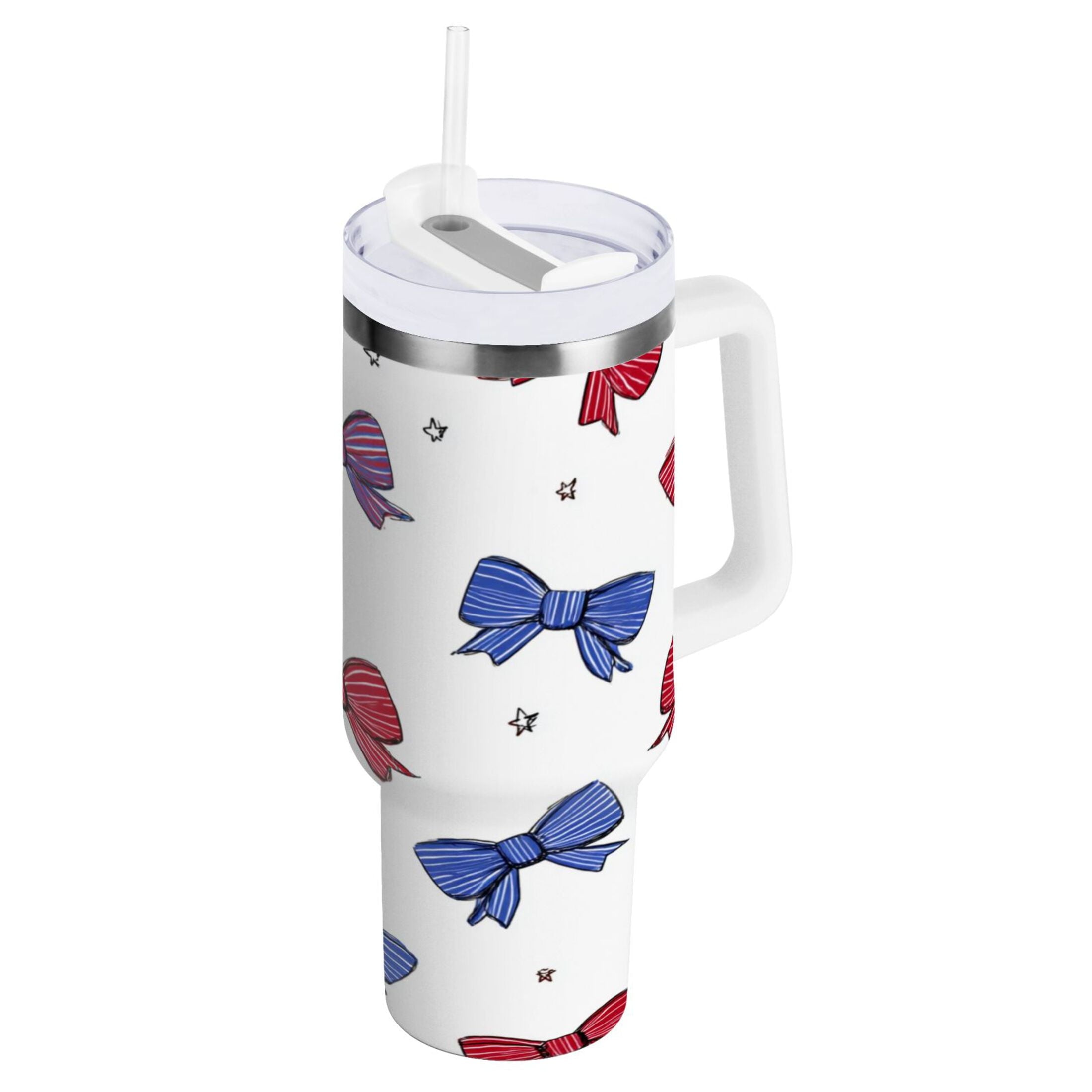 30 oz Insulated Stainless Steel Tumbler Double Wall Stainless Steel Tumbler with 2-Way Drinking Red and Blue Stripe Bows - 1GWC
