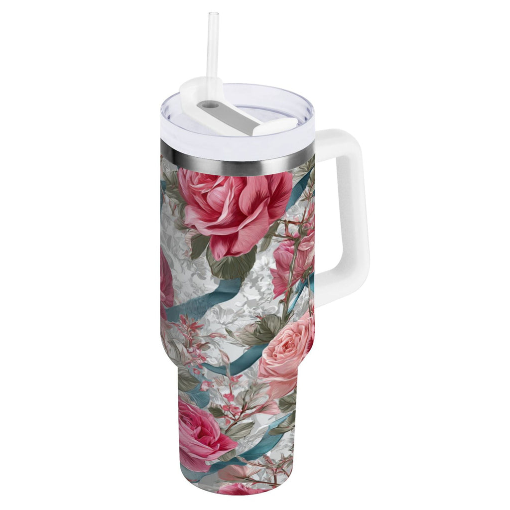 30 oz Insulated Stainless Steel Tumbler Double Wall Stainless Steel Tumbler with 2-Way Drinking Roses and Ribbons - PPEE