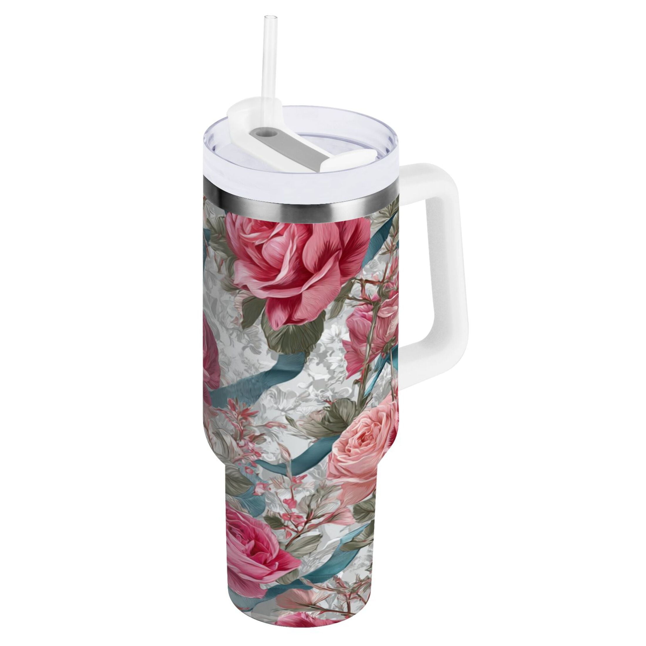 30 oz Insulated Stainless Steel Tumbler Double Wall Stainless Steel Tumbler with 2-Way Drinking Roses and Ribbons - PPEE
