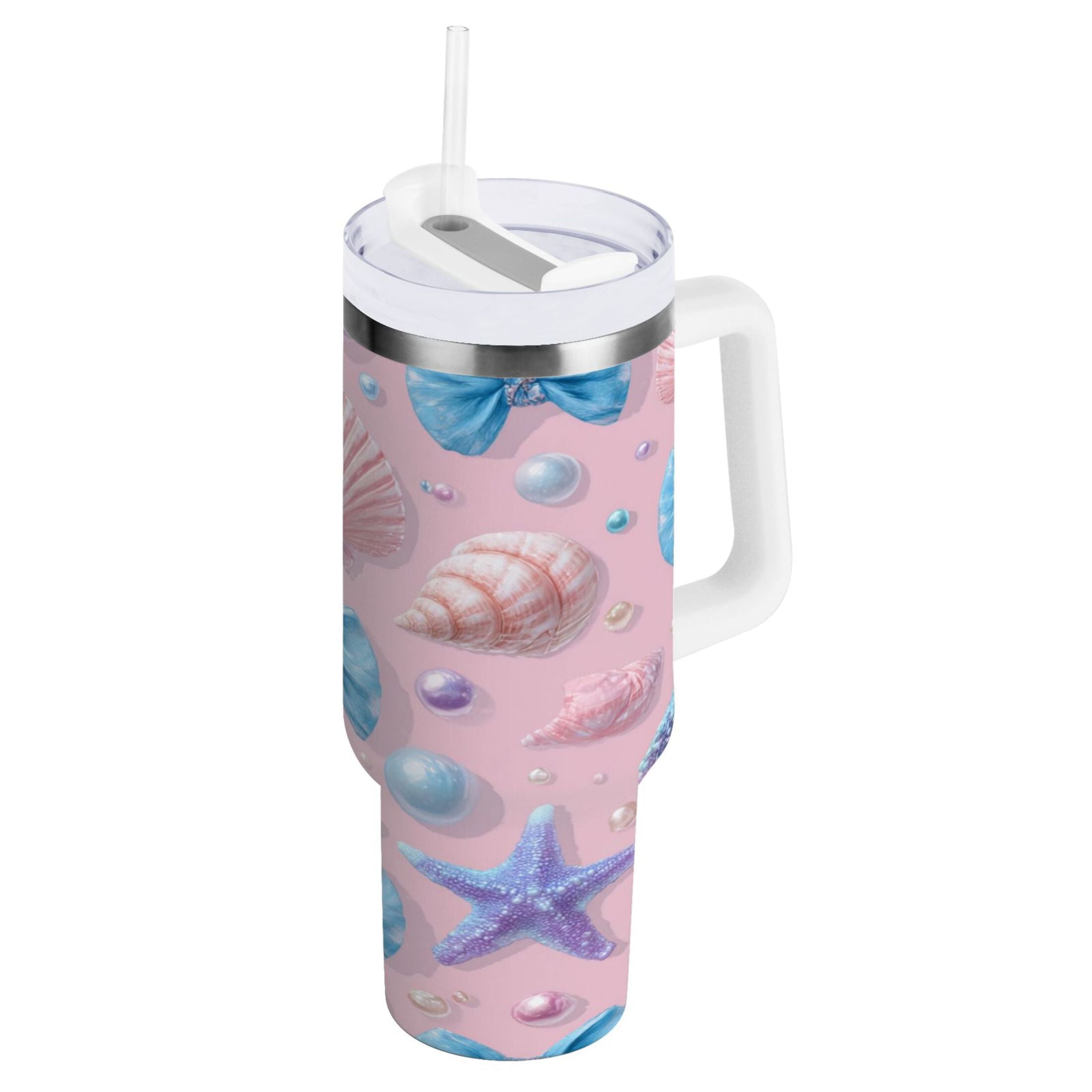 30 oz Insulated Stainless Steel Tumbler Double Wall Stainless Steel Tumbler with 2-Way Drinking Seashells and Bows - TBBL