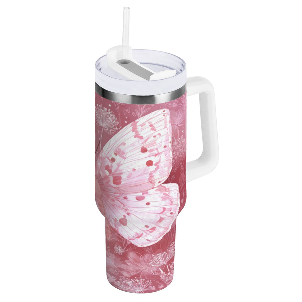 30 oz Insulated Stainless Steel Tumbler Double Wall Stainless Steel Tumbler with 2-Way Drinking Soft Pink Butterfly - 2RQD