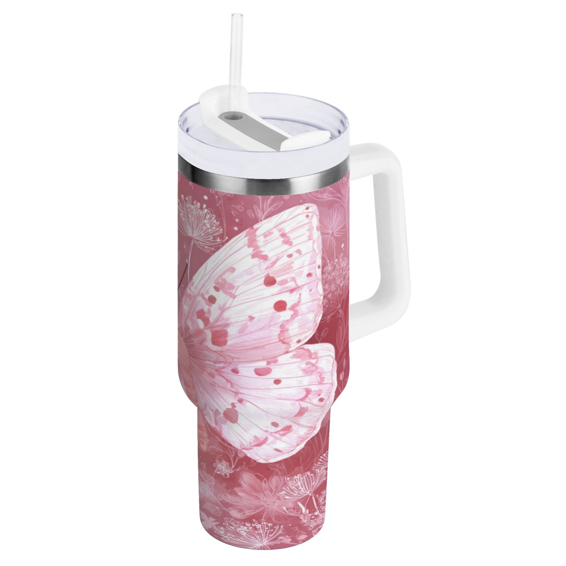 30 oz Insulated Stainless Steel Tumbler Double Wall Stainless Steel Tumbler with 2-Way Drinking Soft Pink Butterfly - 2RQD