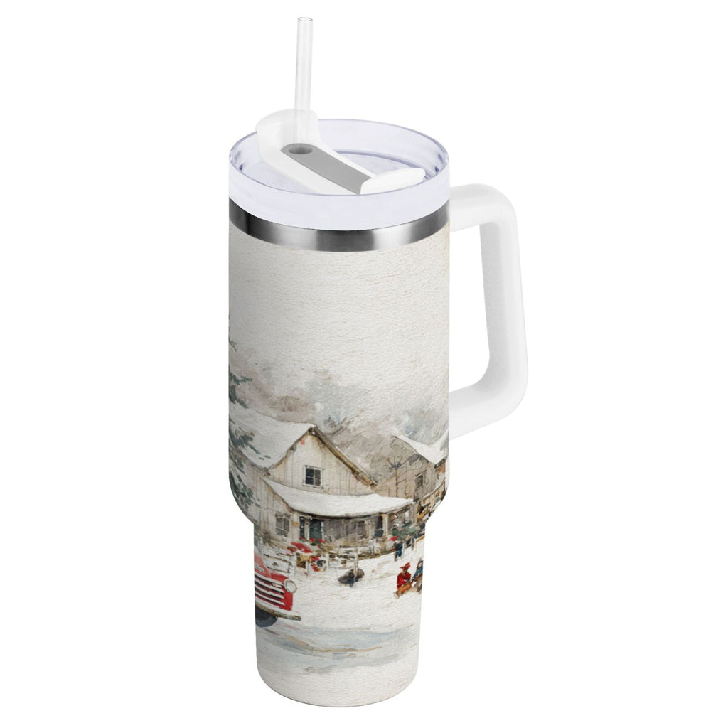 30 oz Insulated Stainless Steel Tumbler Double Wall Stainless Steel Tumbler with 2-Way Drinking Truck with Christmas Decorations - Q3LM