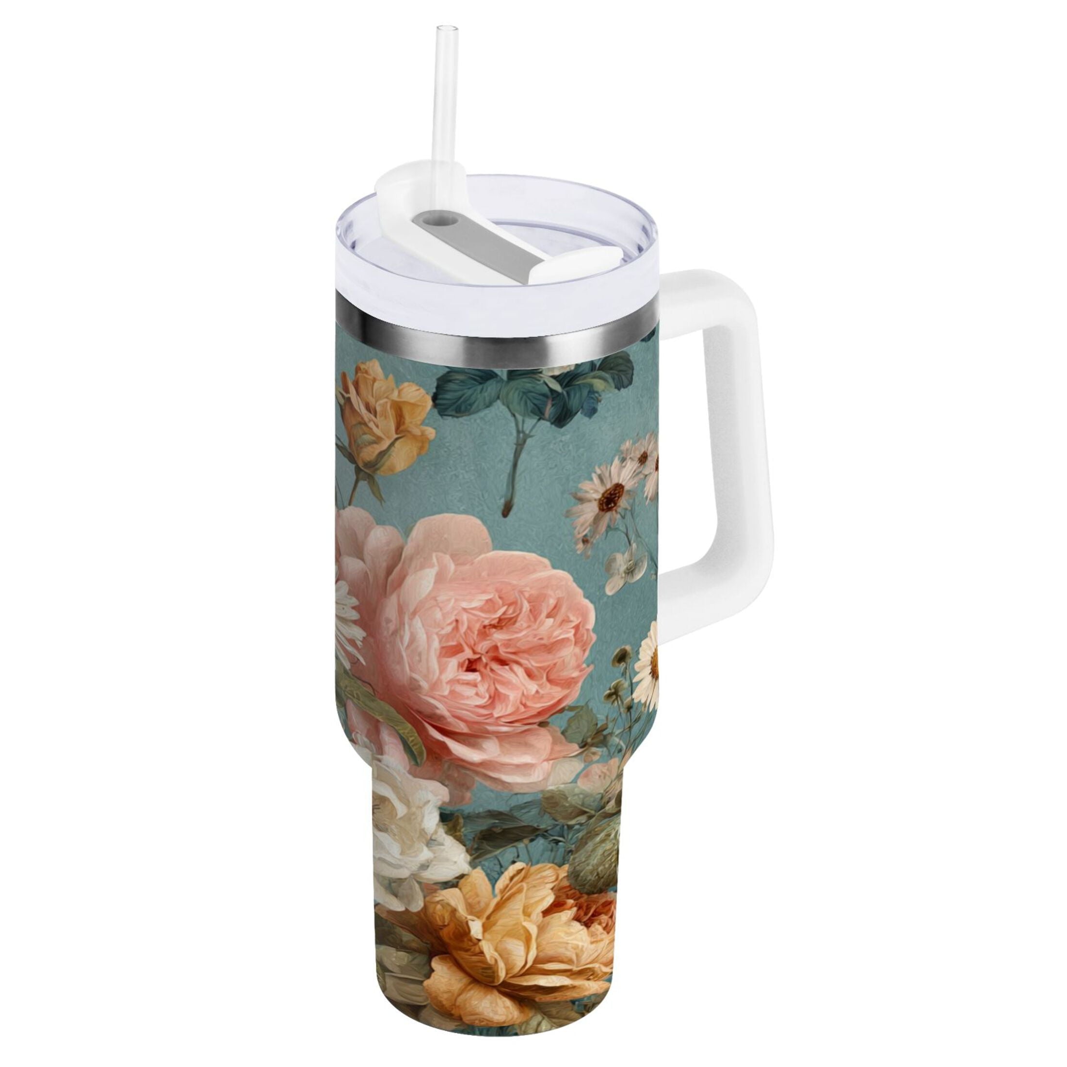 30 oz Insulated Stainless Steel Tumbler Double Wall Stainless Steel Tumbler with 2-Way Drinking Vintage Roses and Peonies - DZ0L