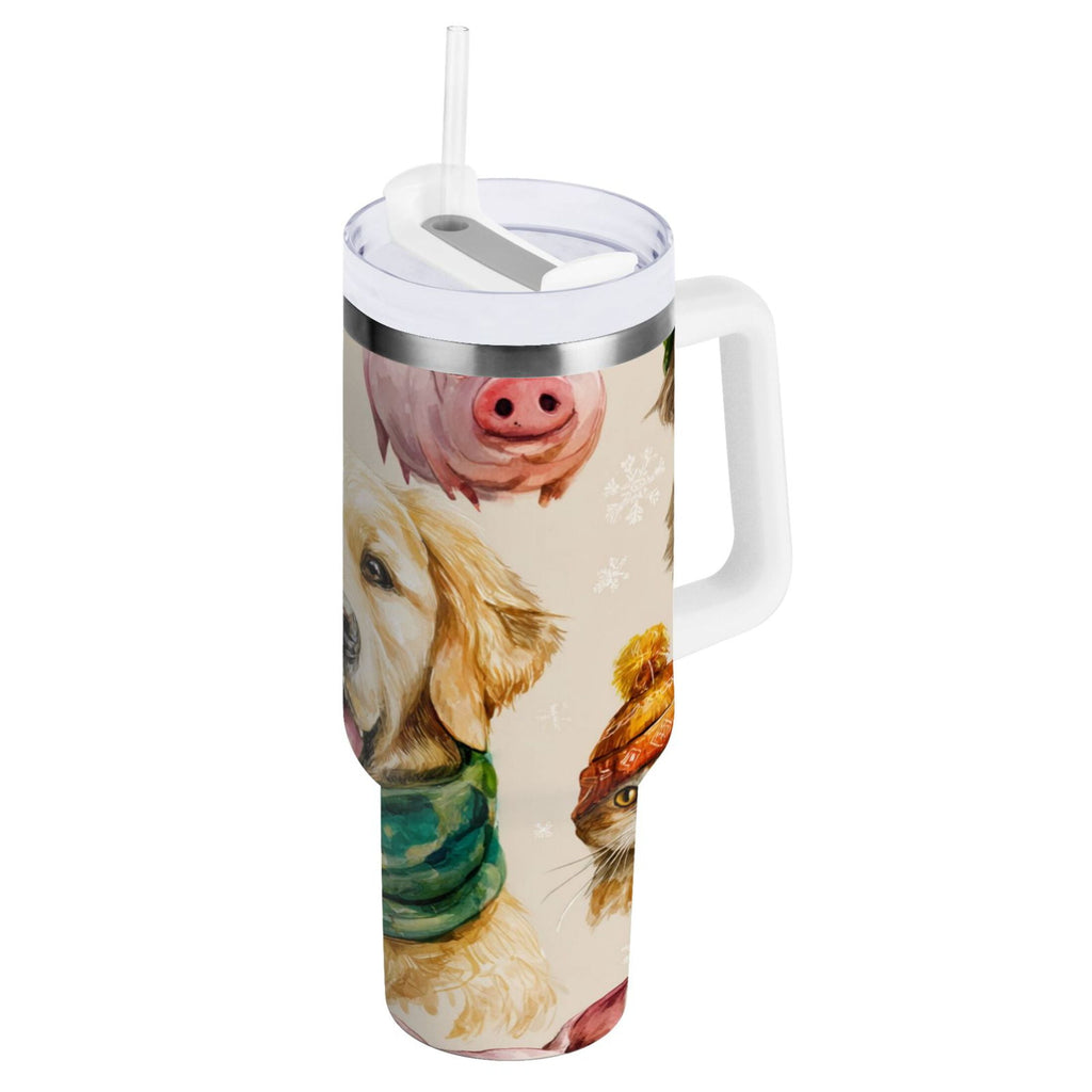 30 oz Insulated Stainless Steel Tumbler Double Wall Stainless Steel Tumbler with 2-Way Drinking Watercolor Animals Pattern - JXLX