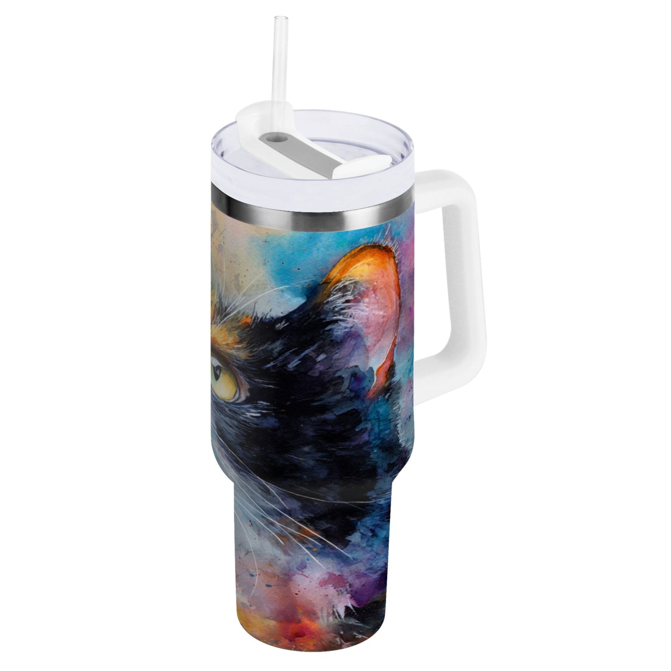 30 oz Insulated Stainless Steel Tumbler Double Wall Stainless Steel Tumbler with 2-Way Drinking Watercolor Calico Cat - W835