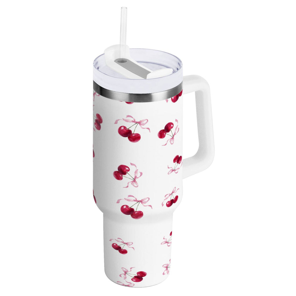 30 oz Insulated Stainless Steel Tumbler Double Wall Stainless Steel Tumbler with 2-Way Drinking Watercolor Cherries Pattern - DDDW