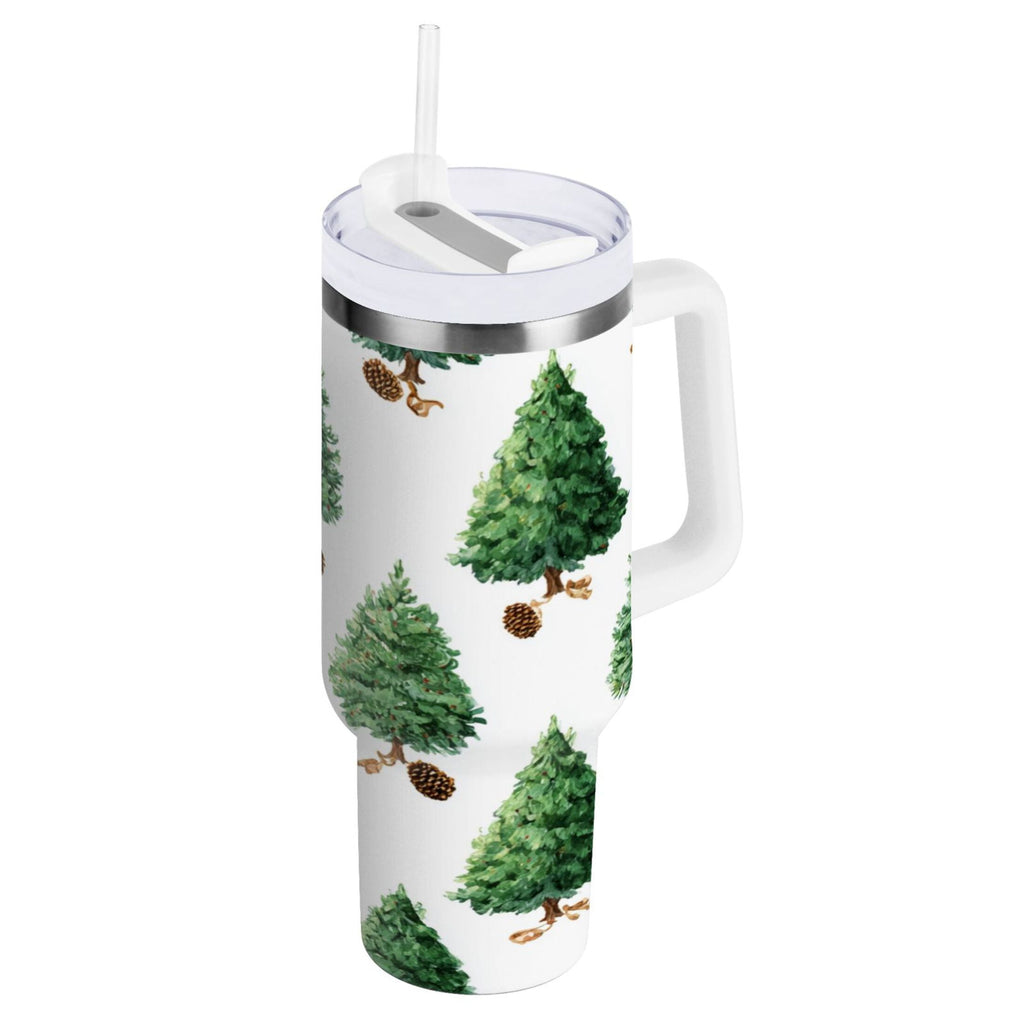 30 oz Insulated Stainless Steel Tumbler Double Wall Stainless Steel Tumbler with 2-Way Drinking Watercolor Green Christmas Tree - QM25