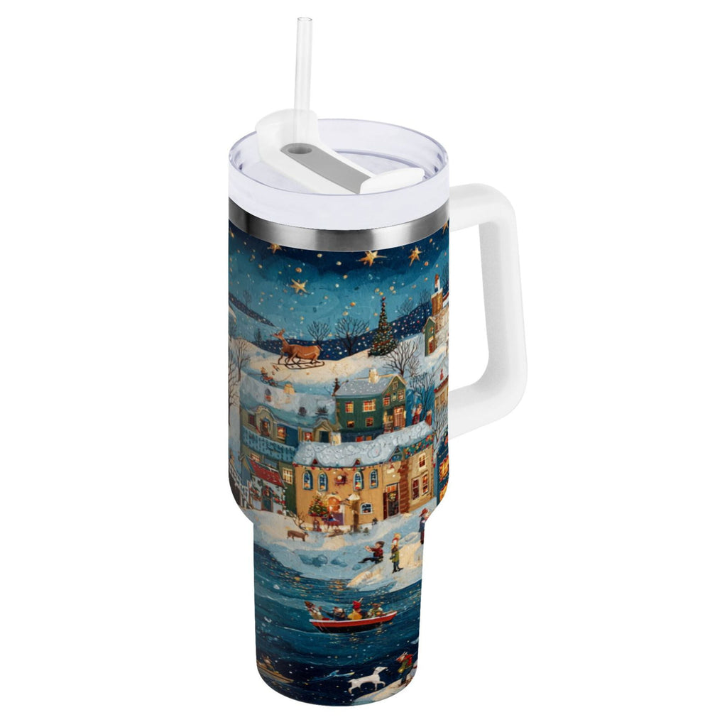 30 oz Insulated Stainless Steel Tumbler Double Wall Stainless Steel Tumbler with 2-Way Drinking Whimsical Christmas Scene - D5MM