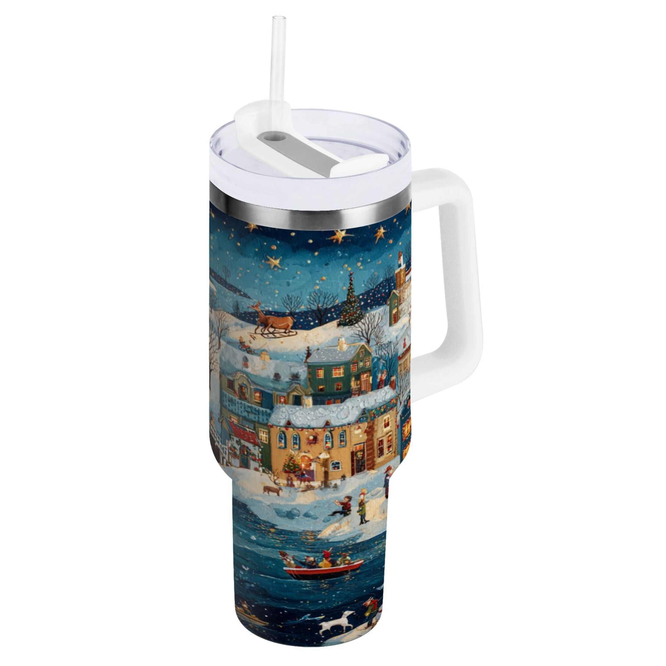 30 oz Insulated Stainless Steel Tumbler Double Wall Stainless Steel Tumbler with 2-Way Drinking Whimsical Christmas Scene - D5MM
