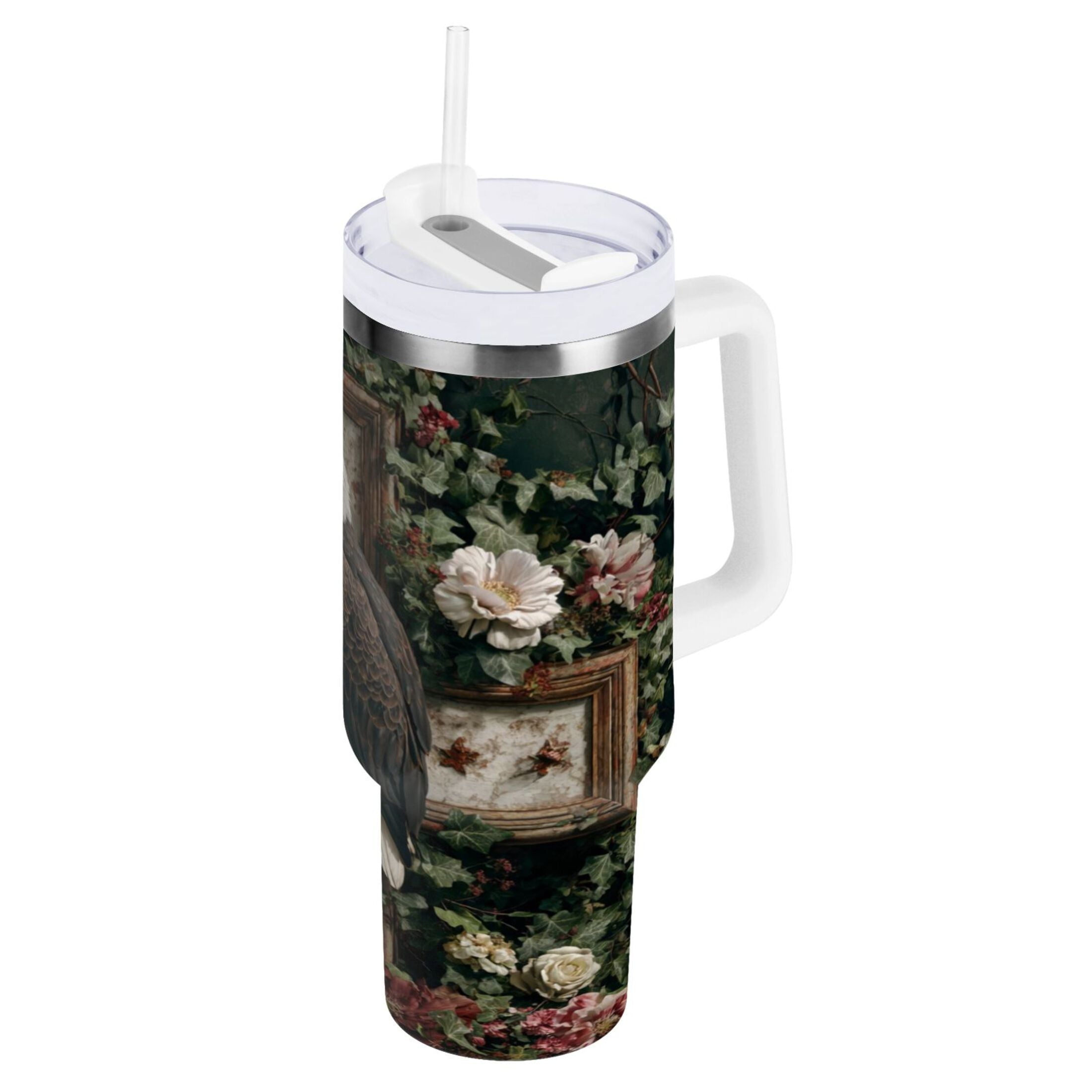 30 oz Insulated Stainless Steel Tumbler Double Wall Stainless Steel Tumbler with 2-Way Drinking Wreath and Bald Eagle - J2JK