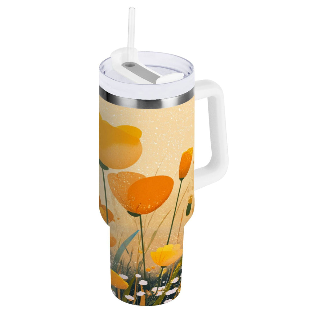 30 oz Insulated Stainless Steel Tumbler Double Wall Stainless Steel Tumbler with 2-Way Drinking Yellow Flowers on The Grass - B2XW