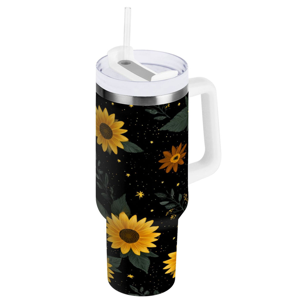 30 oz Insulated Stainless Steel Tumbler Double Wall Stainless Steel Tumbler with 2-Way Drinking Yellow Sunflower Pattern - REZR