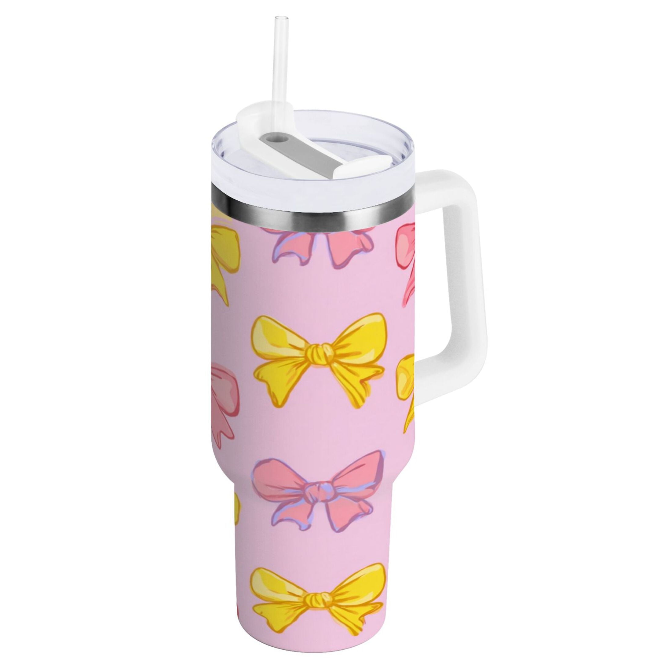 30 oz Insulated Stainless Steel Tumbler Double Wall Stainless Steel Tumbler with 2-Way Drinking Yellow and Pink Bows - MRIB