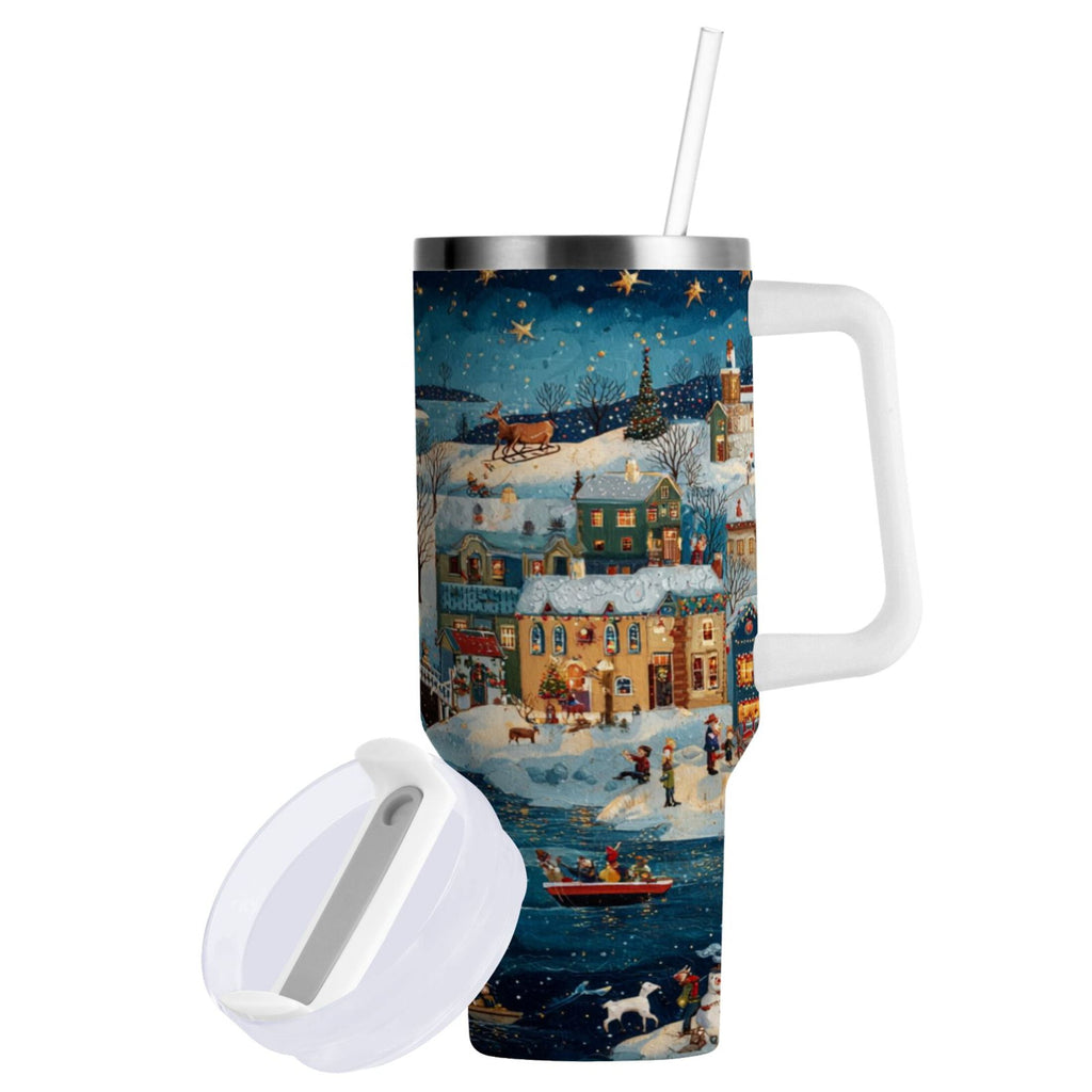 30 oz Insulated Stainless Steel Tumbler Double Wall Stainless Steel Tumbler with 2-Way Drinking Whimsical Christmas Scene - D5MM