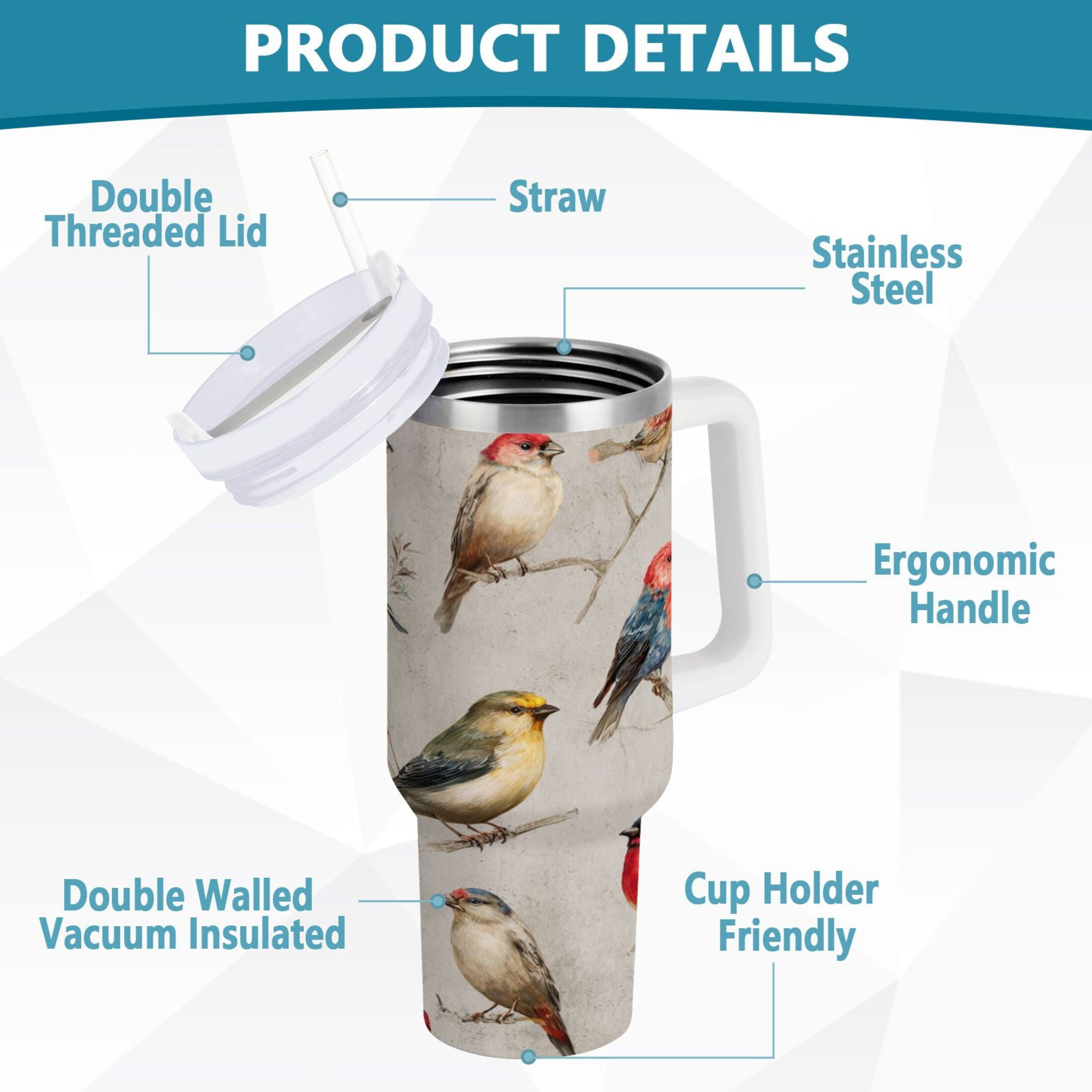 40 oz Insulated Stainless Steel Tumbler Double Wall Stainless Steel Tumbler with 2-Way Drinking Birds Pattern - 8GJU