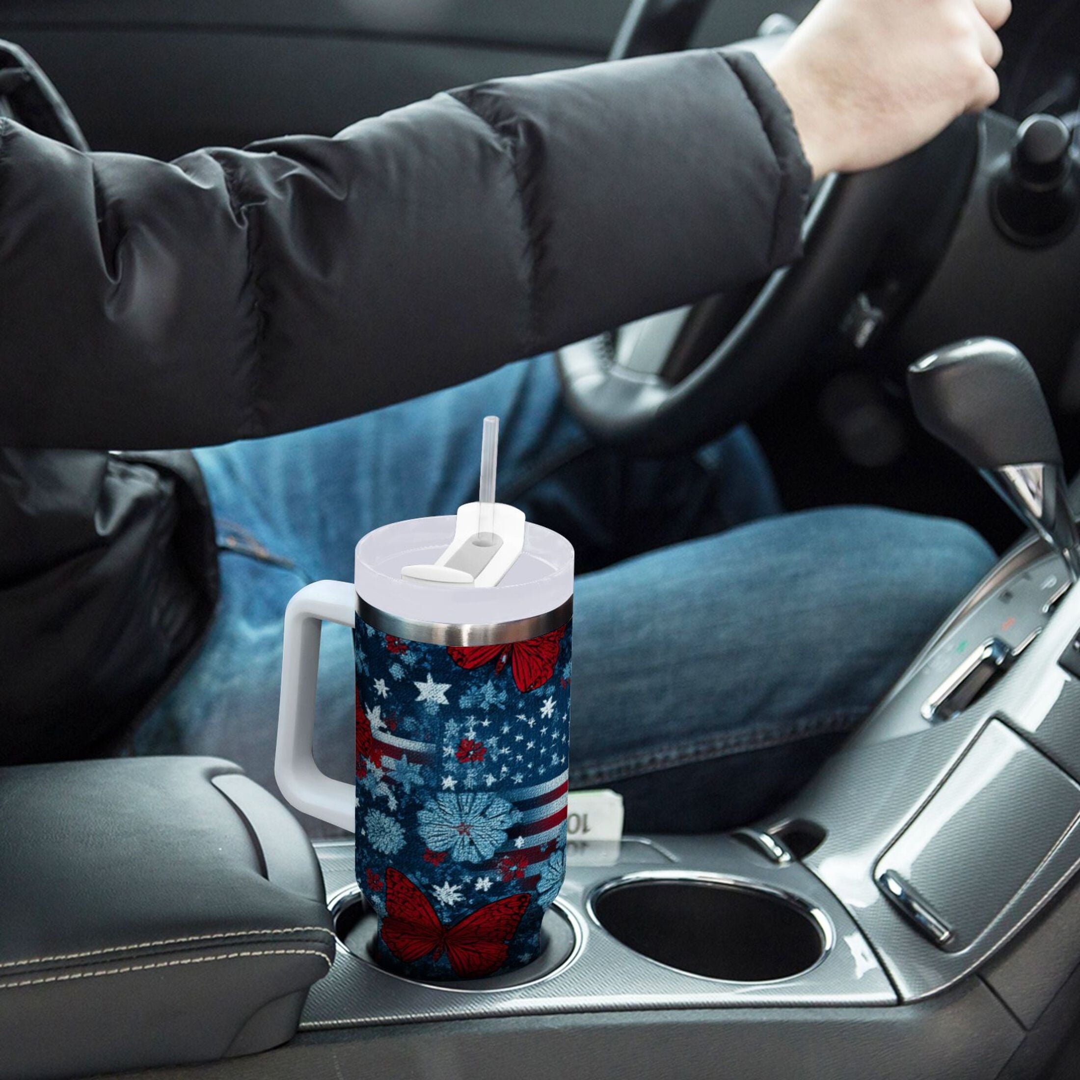 30 oz Insulated Stainless Steel Tumbler Double Wall Stainless Steel Tumbler with 2-Way Drinking Red Butterflies and Flags - P0DF