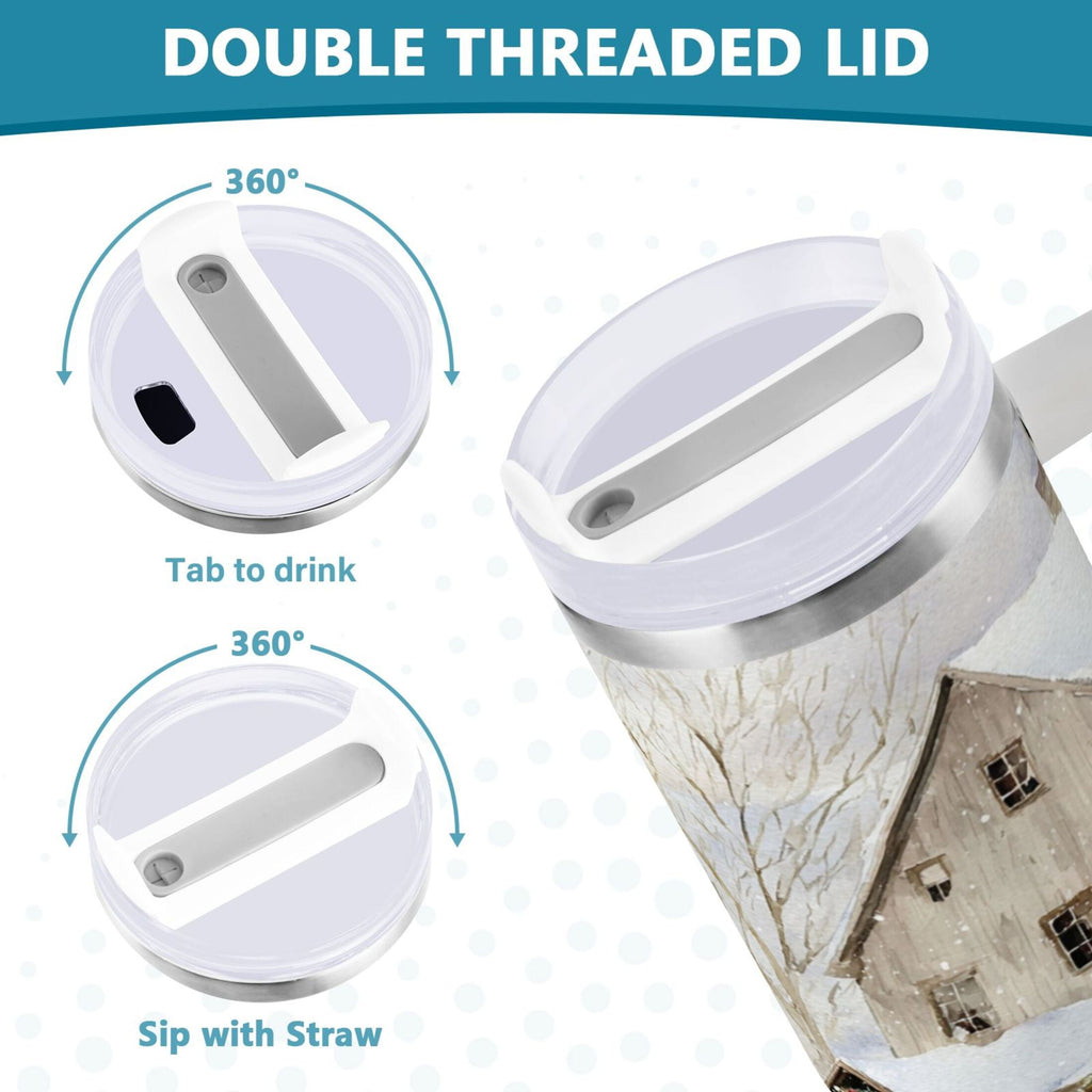 40 oz Insulated Stainless Steel Tumbler Double Wall Stainless Steel Tumbler with 2-Way Drinking Farm Snow Scene - PNK0