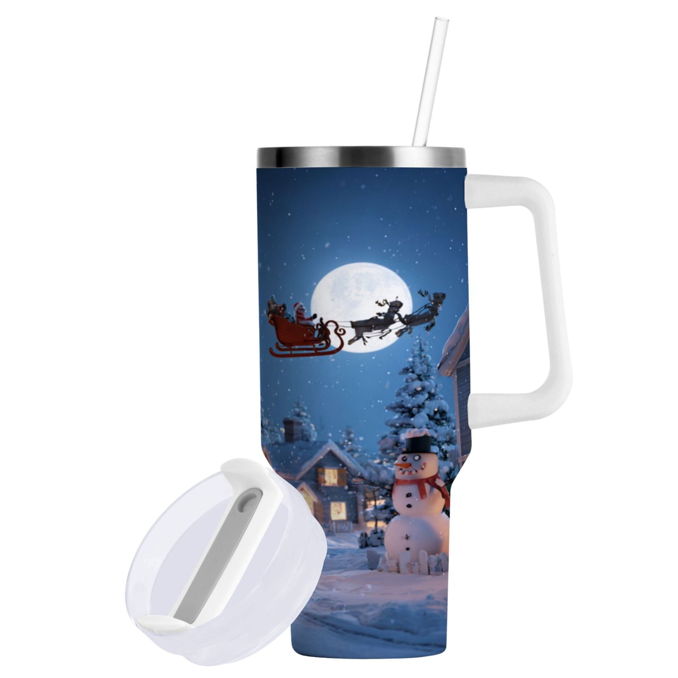 30 oz Insulated Stainless Steel Tumbler Double Wall Stainless Steel Tumbler with 2-Way Drinking Christmas Night Scene - FHAM