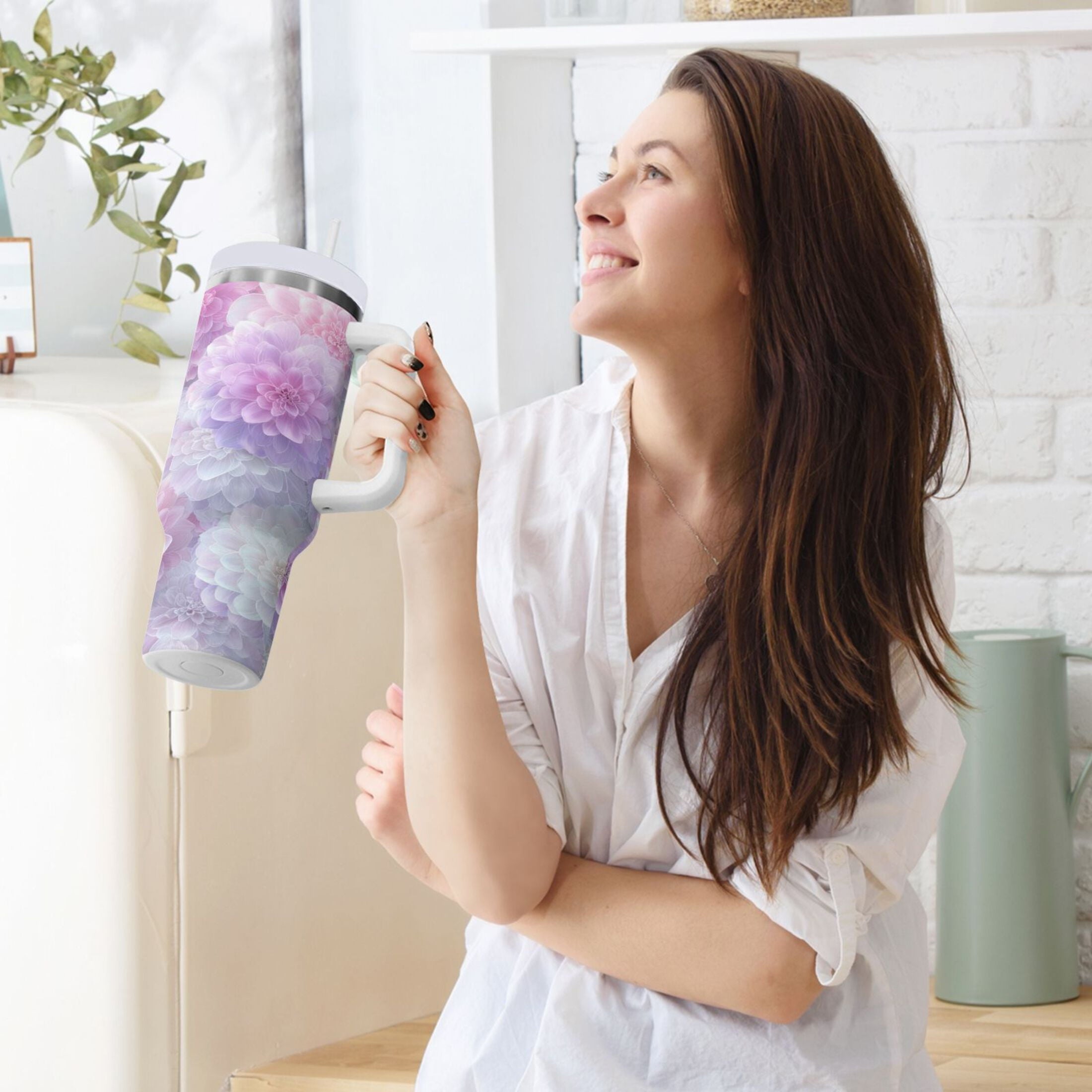 30 oz Insulated Stainless Steel Tumbler Double Wall Stainless Steel Tumbler with 2-Way Drinking Cute Pastel Watercolor Floral - 3IDJ