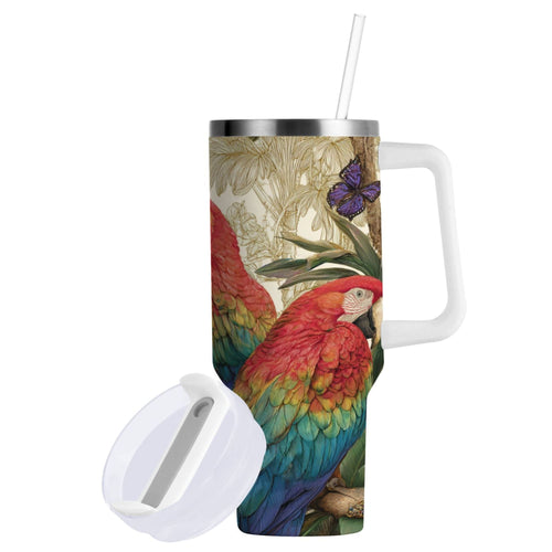 30 oz Insulated Stainless Steel Tumbler Double Wall Stainless Steel Tumbler with 2-Way Drinking Colorful Beautiful Parrots - FM7O