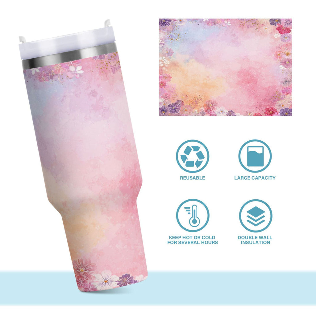 30 oz Insulated Stainless Steel Tumbler Double Wall Stainless Steel Tumbler with 2-Way Drinking Colorful Pastel Floral Pattern - CA88