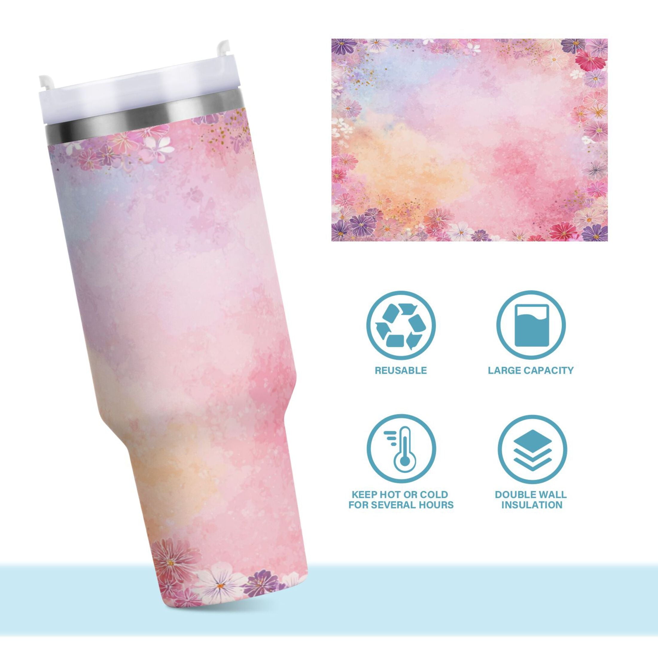 30 oz Insulated Stainless Steel Tumbler Double Wall Stainless Steel Tumbler with 2-Way Drinking Colorful Pastel Floral Pattern - CA88
