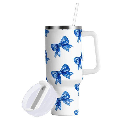 30 oz Insulated Stainless Steel Tumbler Double Wall Stainless Steel Tumbler with 2-Way Drinking Blue Bows Pattern - V80H