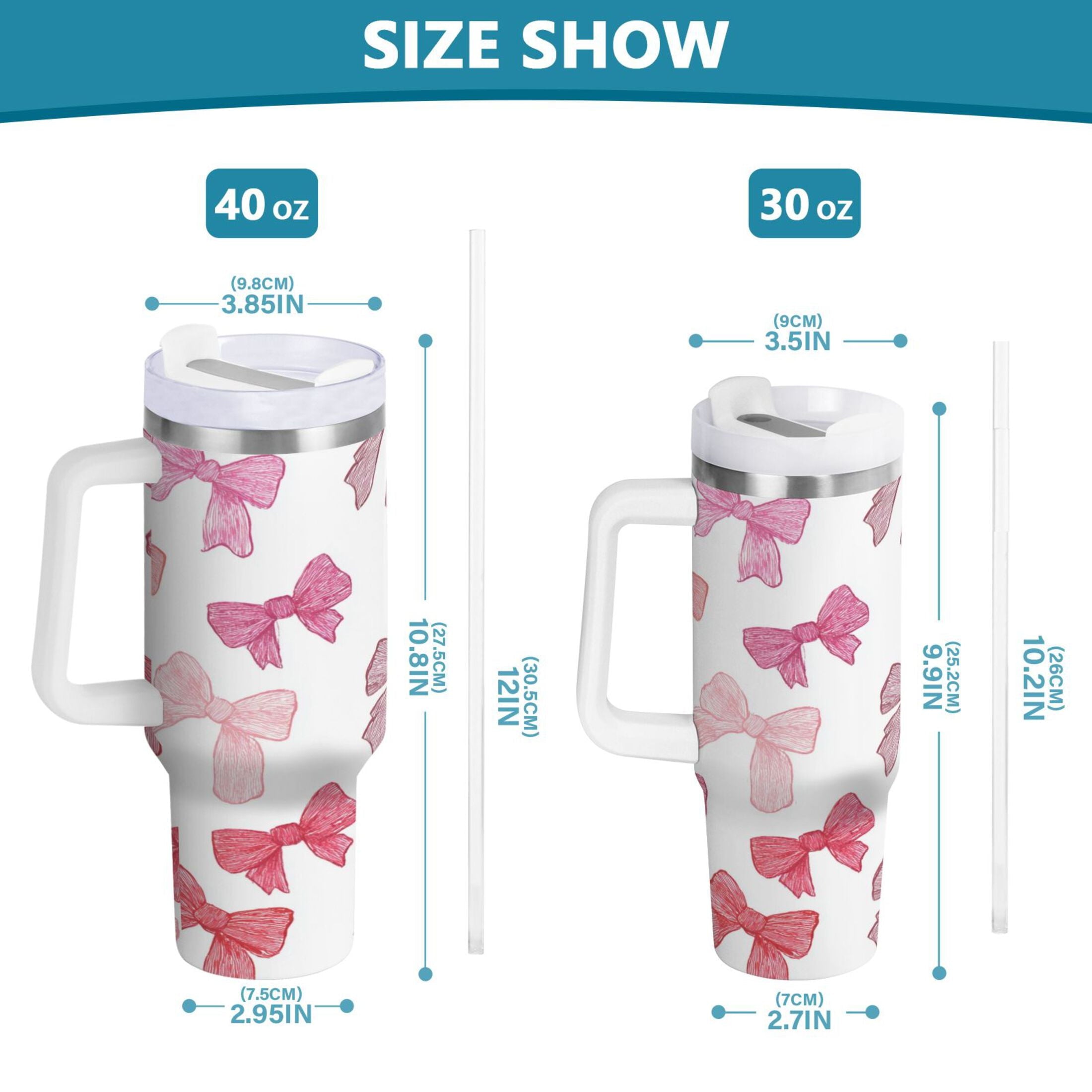 40 oz Insulated Stainless Steel Tumbler Double Wall Stainless Steel Tumbler with 2-Way Drinking Pink Bows Pattern - L9C5