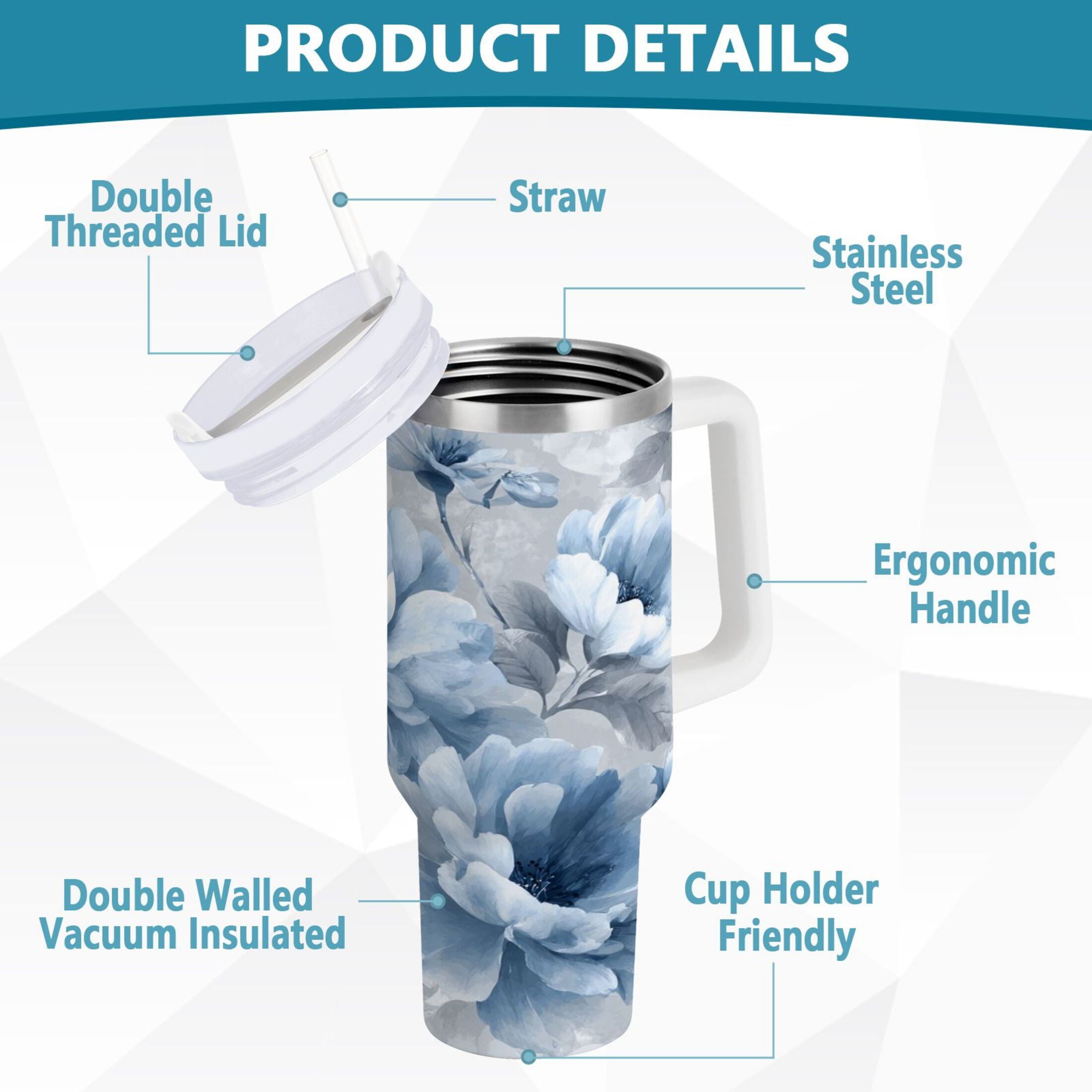 40 oz Insulated Stainless Steel Tumbler Double Wall Stainless Steel Tumbler with 2-Way Drinking White Floral Pattern - EB0T