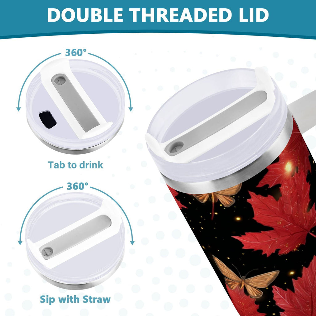 40 oz Insulated Stainless Steel Tumbler Double Wall Stainless Steel Tumbler with 2-Way Drinking Maple Leaves and Fireflies - Y38I
