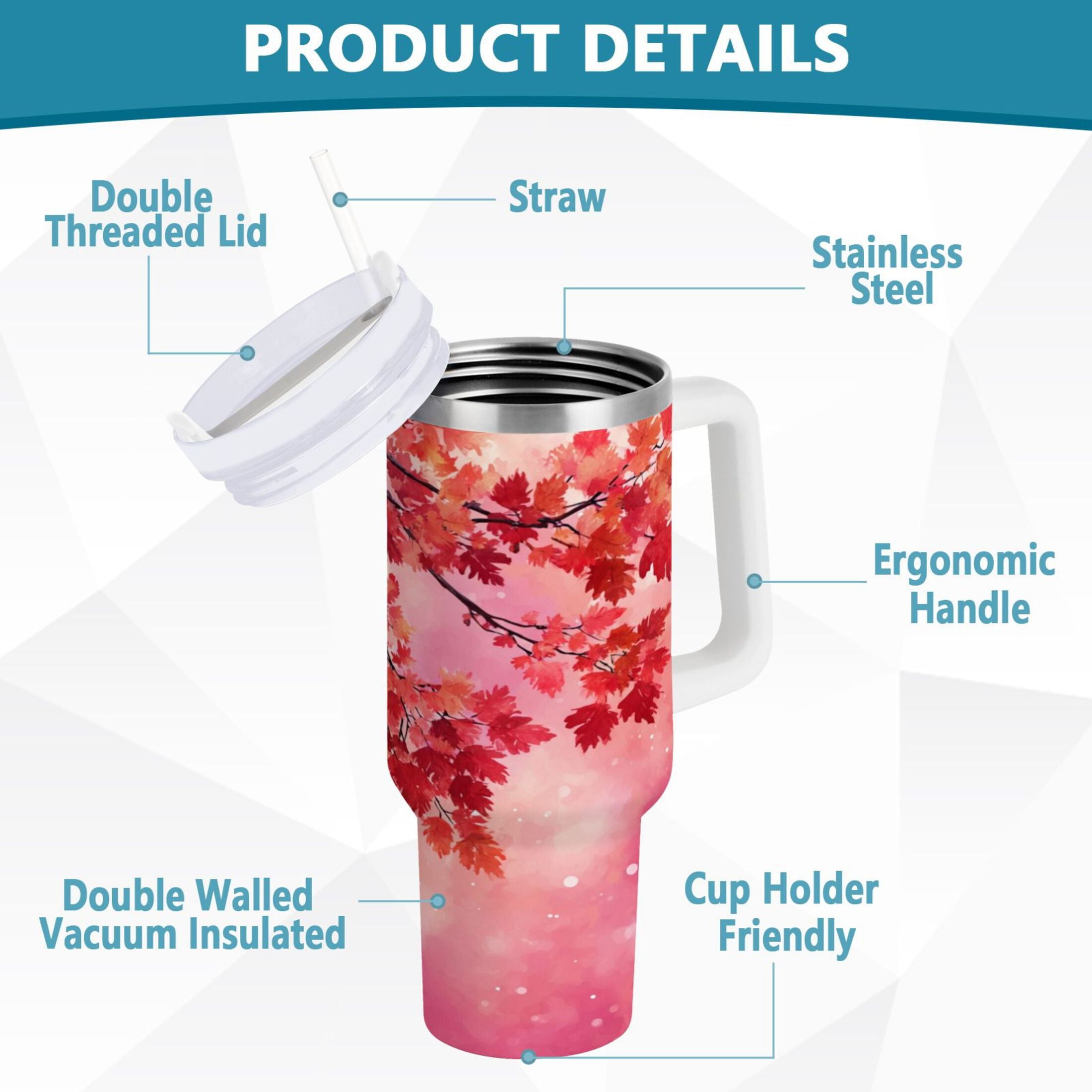 30 oz Insulated Stainless Steel Tumbler Double Wall Stainless Steel Tumbler with 2-Way Drinking Watercolor Red Maple Leaves - VV8D