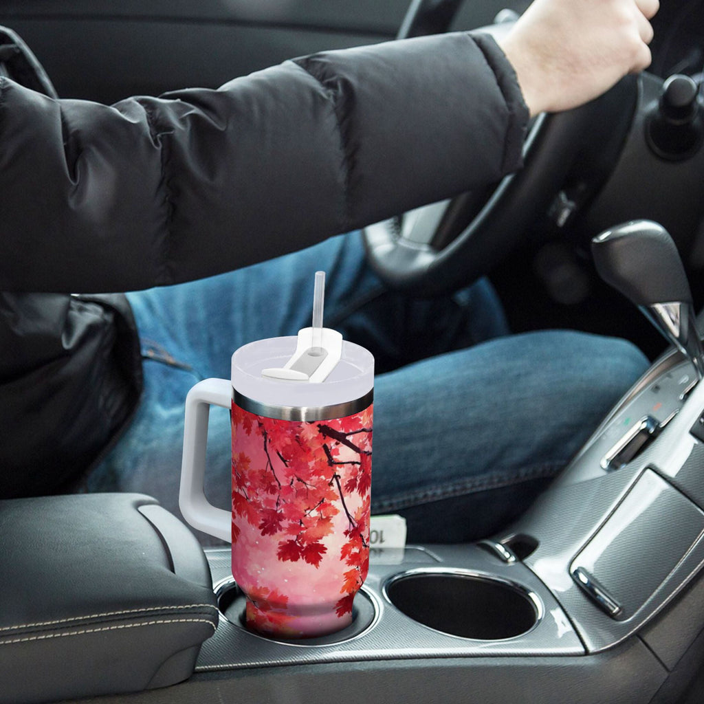 30 oz Insulated Stainless Steel Tumbler Double Wall Stainless Steel Tumbler with 2-Way Drinking Watercolor Red Maple Leaves - VV8D
