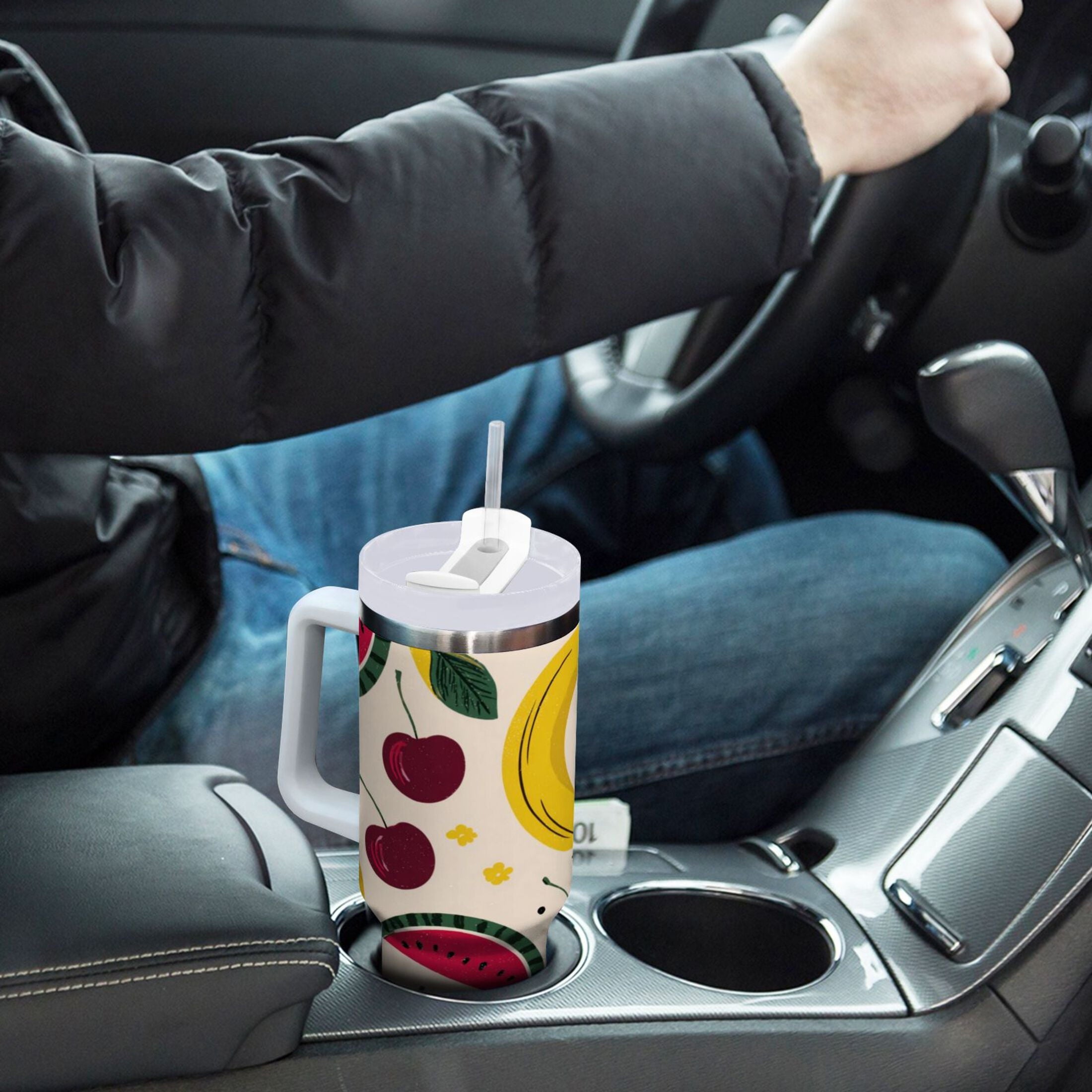 30 oz Insulated Stainless Steel Tumbler Double Wall Stainless Steel Tumbler with 2-Way Drinking Watermelon and Cherries - YK54
