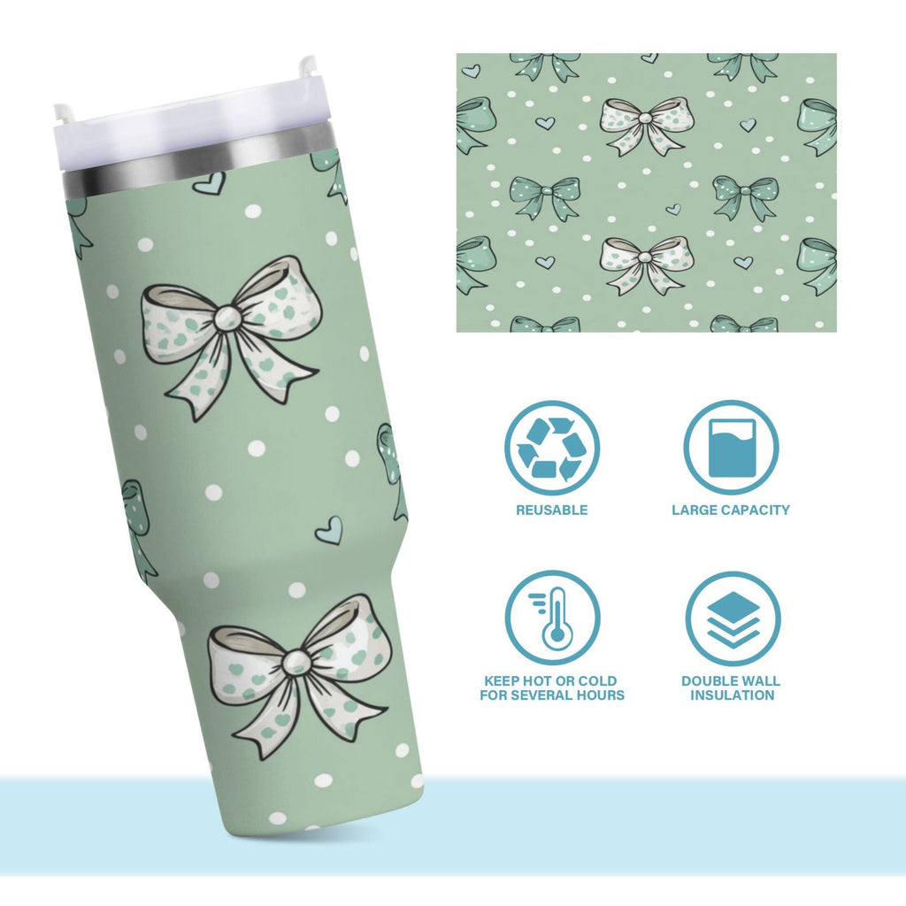 30 oz Insulated Stainless Steel Tumbler Double Wall Stainless Steel Tumbler with 2-Way Drinking Green and Mint Bows - 8F8C