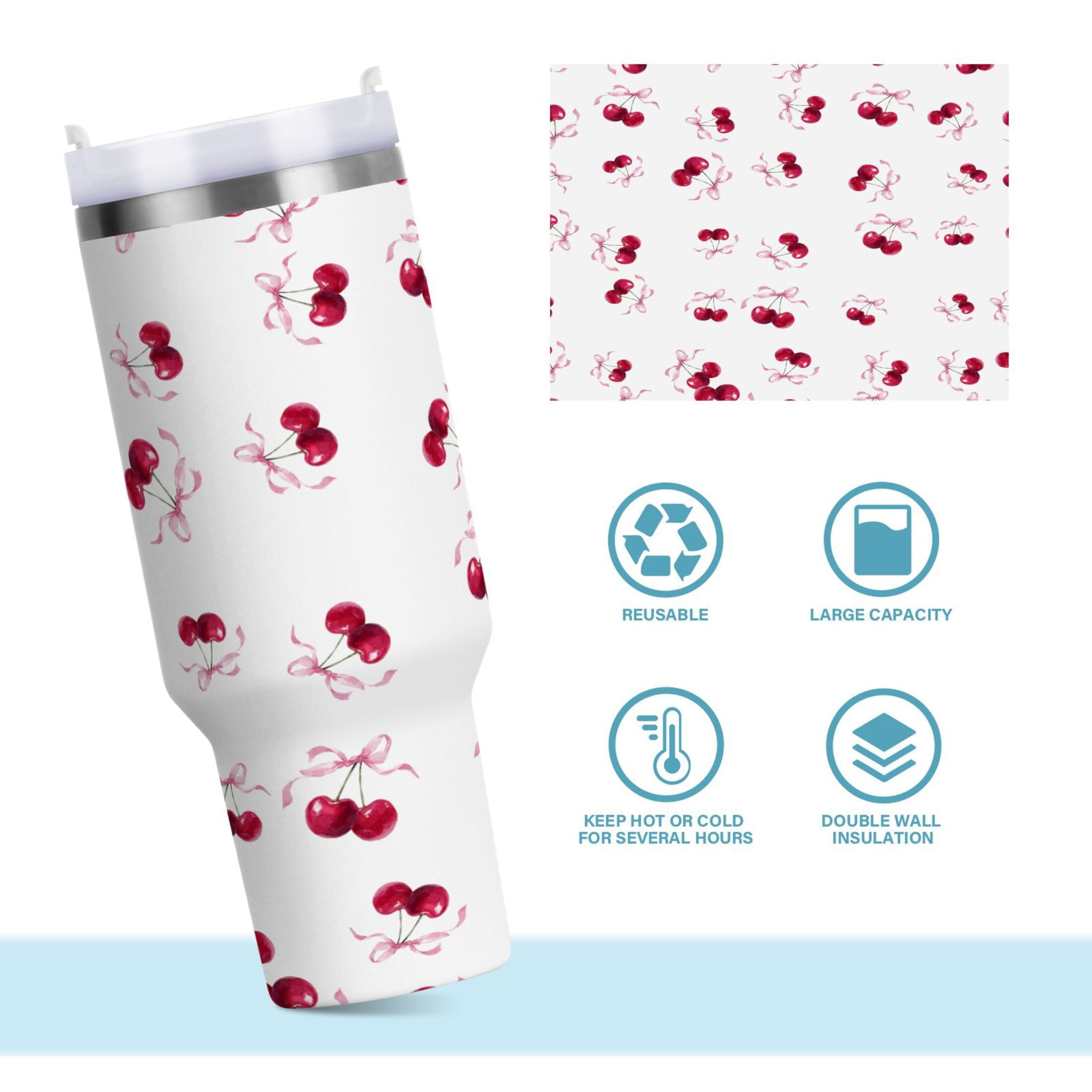 30 oz Insulated Stainless Steel Tumbler Double Wall Stainless Steel Tumbler with 2-Way Drinking Watercolor Cherries Pattern - DDDW